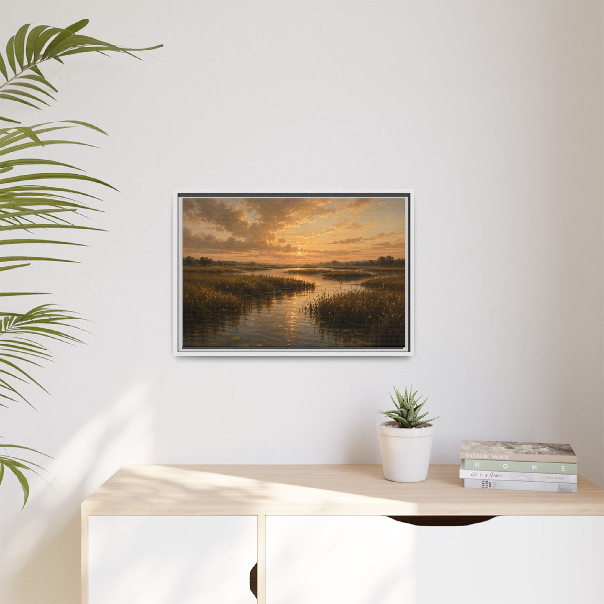 Framed Matte Canvas – Golden Marsh Sunset Landscape Wall Art