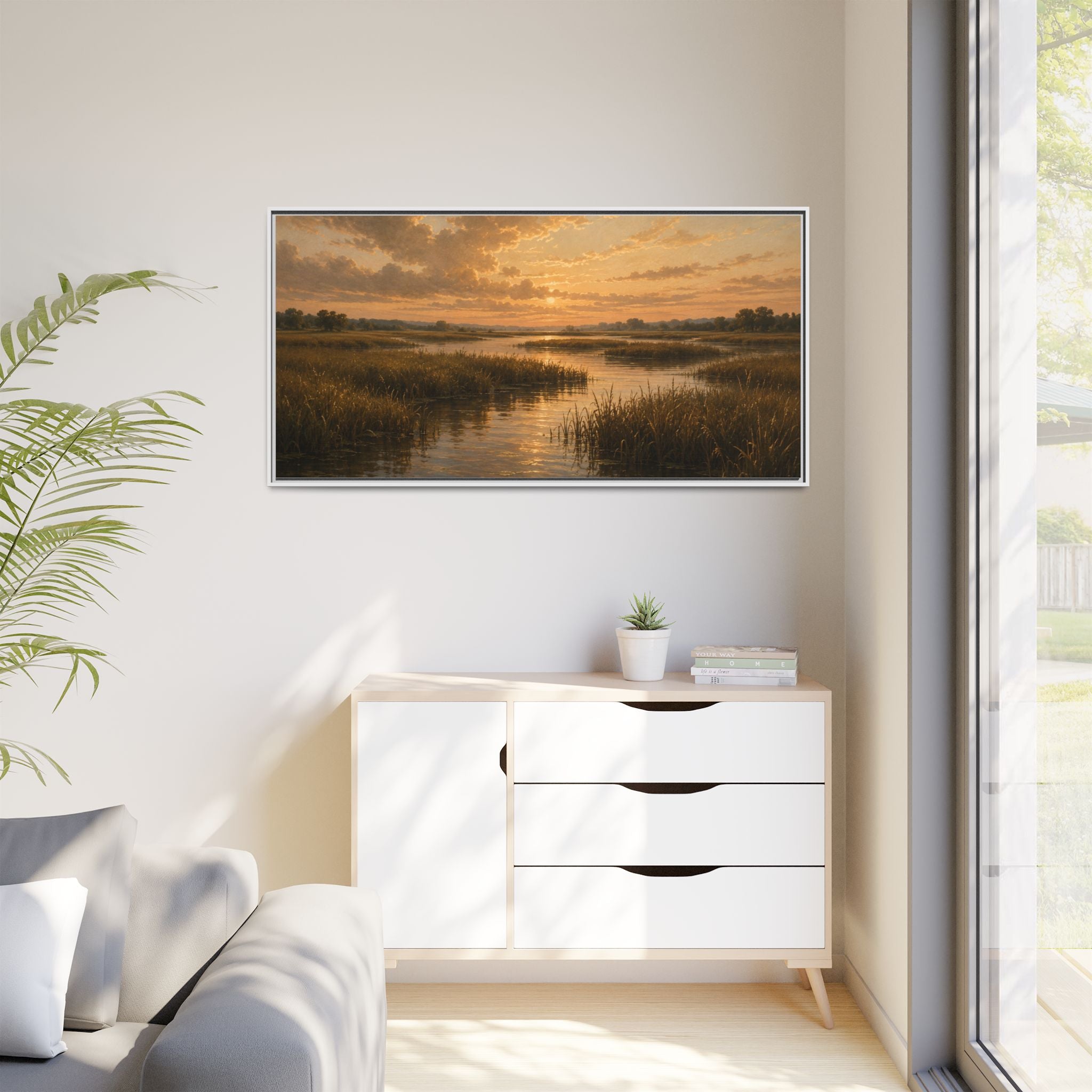 Framed Matte Canvas – Golden Marsh Sunset Landscape Wall Art