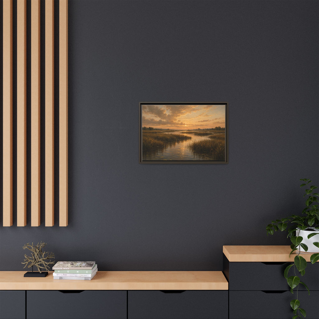 Framed Matte Canvas – Golden Marsh Sunset Landscape Wall Art