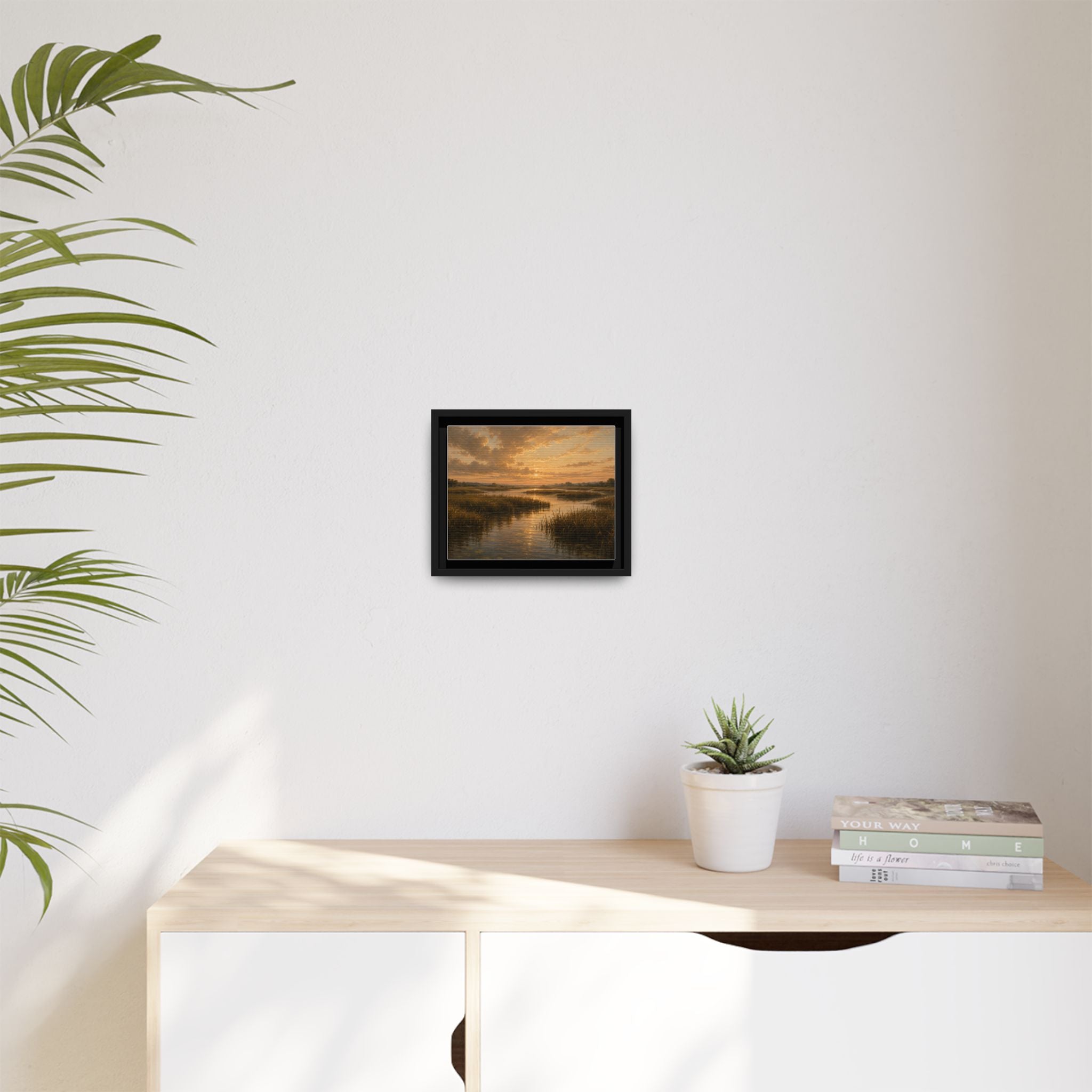 Framed Matte Canvas – Golden Marsh Sunset Landscape Wall Art