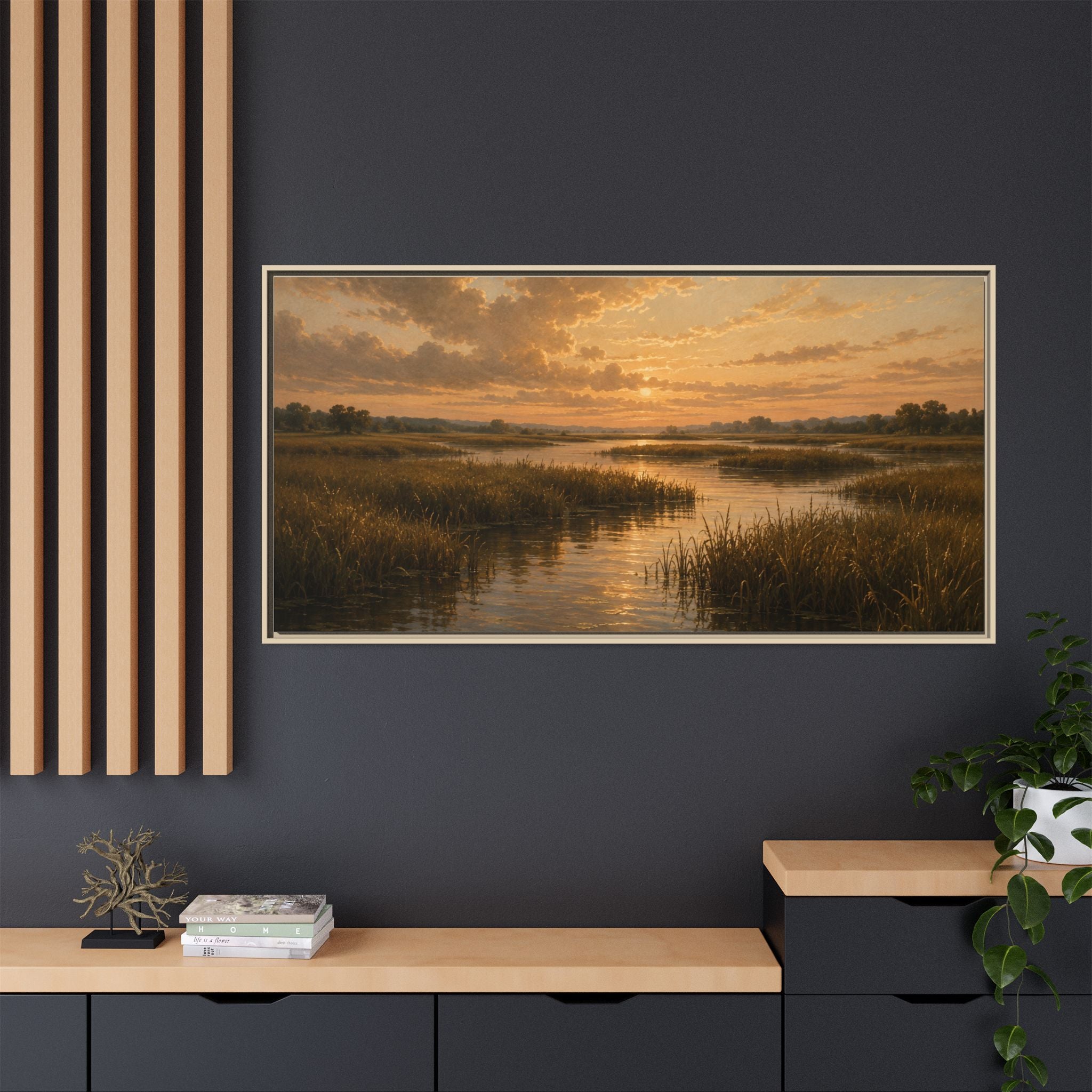 Framed Matte Canvas – Golden Marsh Sunset Landscape Wall Art