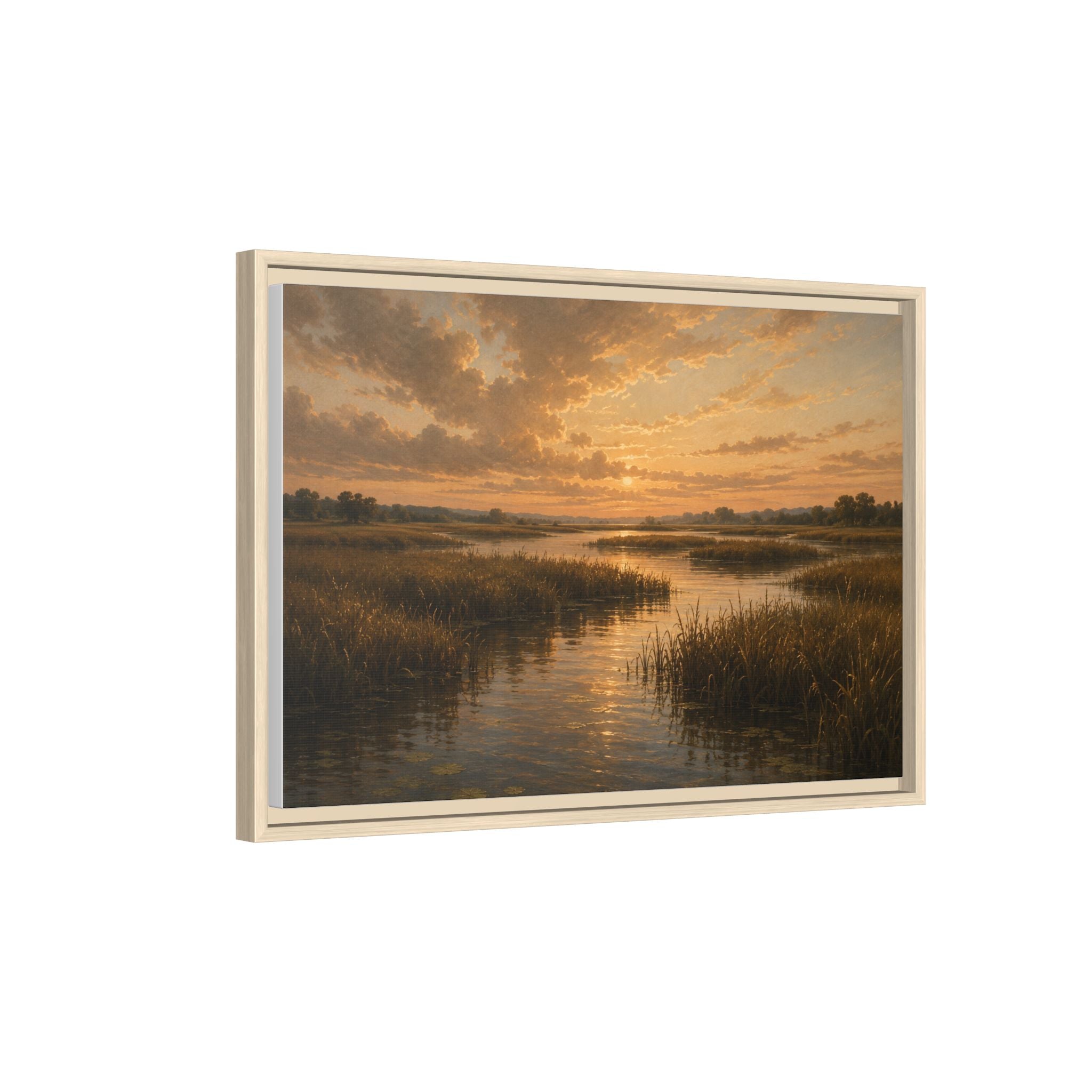 Framed Matte Canvas – Golden Marsh Sunset Landscape Wall Art