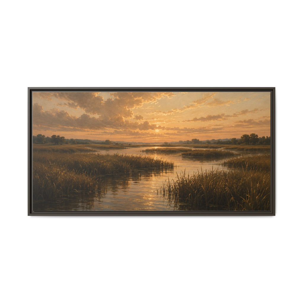 Framed Matte Canvas – Golden Marsh Sunset Landscape Wall Art