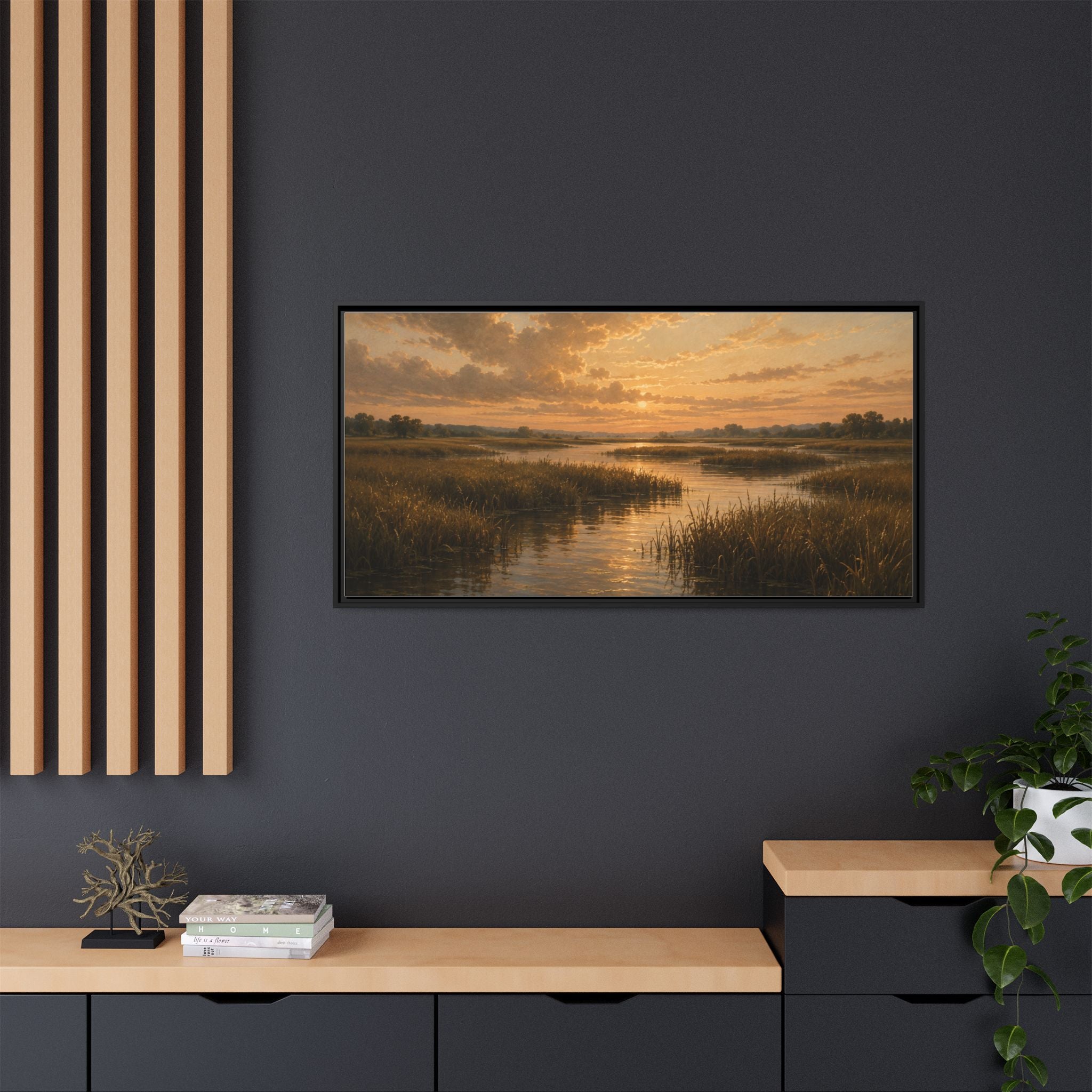 Framed Matte Canvas – Golden Marsh Sunset Landscape Wall Art
