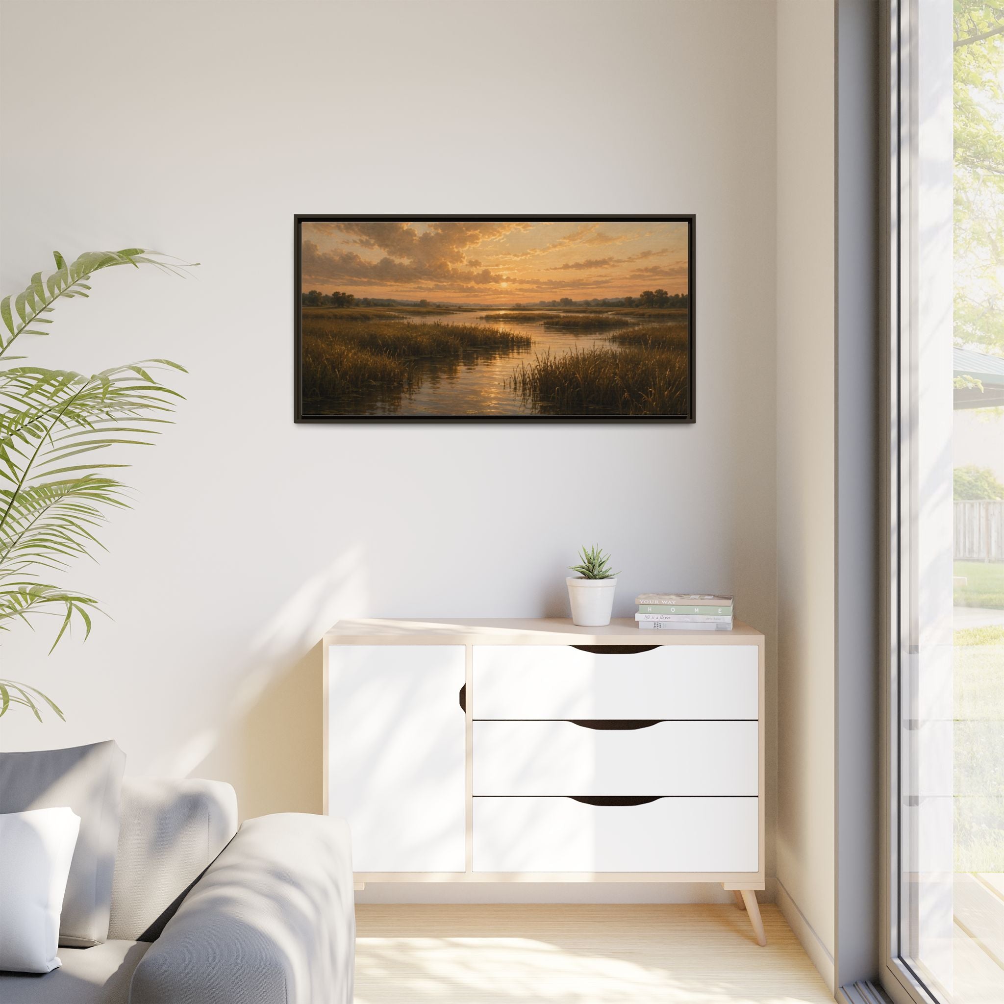 Framed Matte Canvas – Golden Marsh Sunset Landscape Wall Art