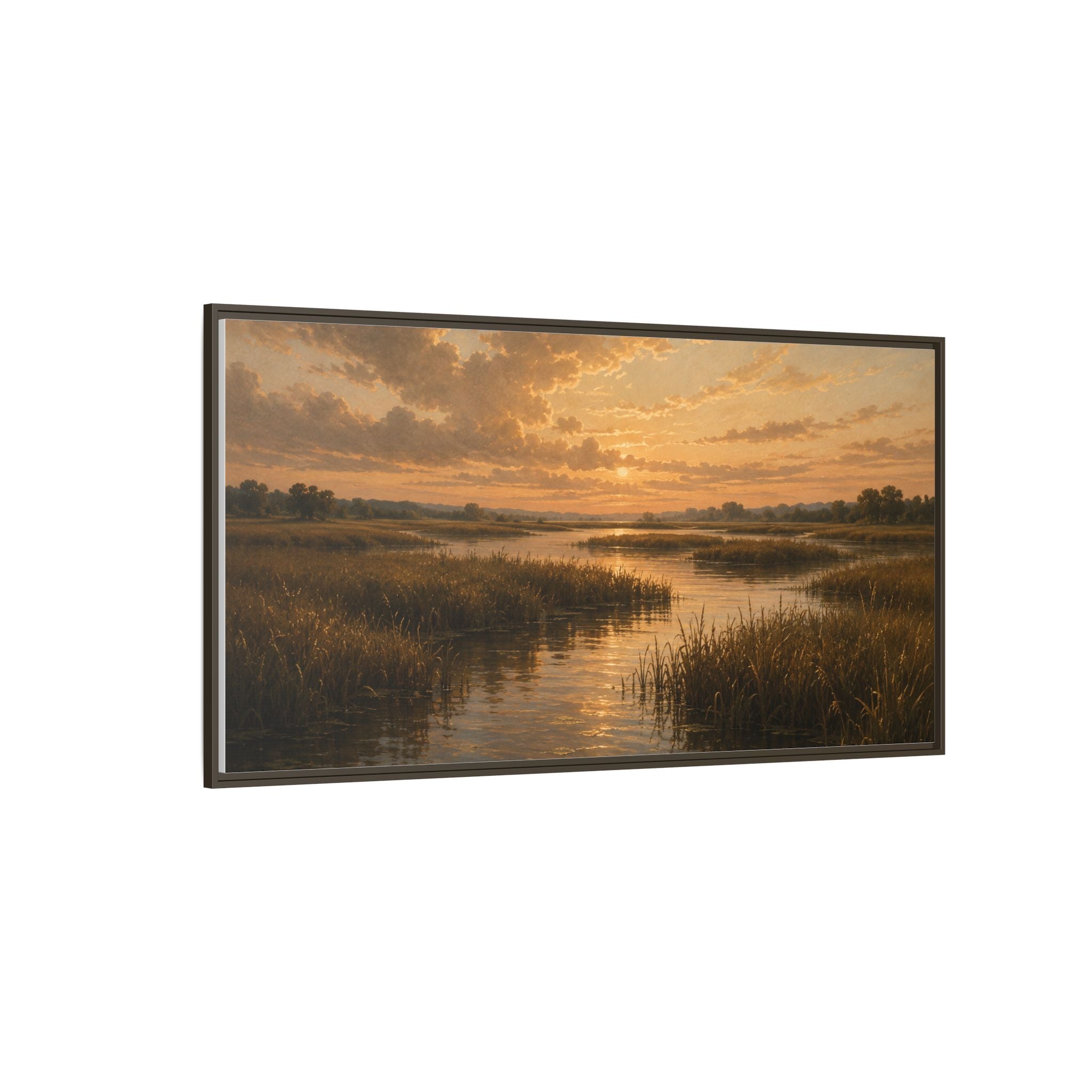 Framed Matte Canvas – Golden Marsh Sunset Landscape Wall Art