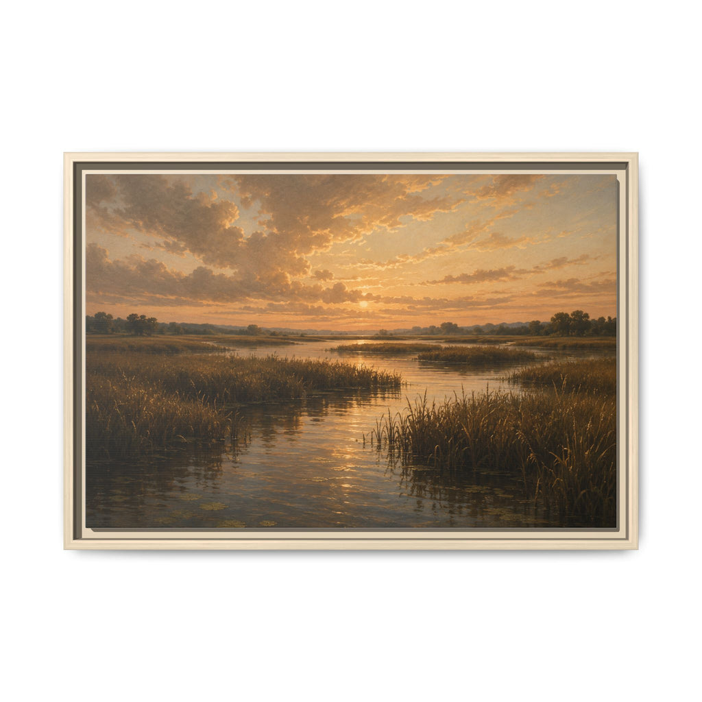Framed Matte Canvas – Golden Marsh Sunset Landscape Wall Art