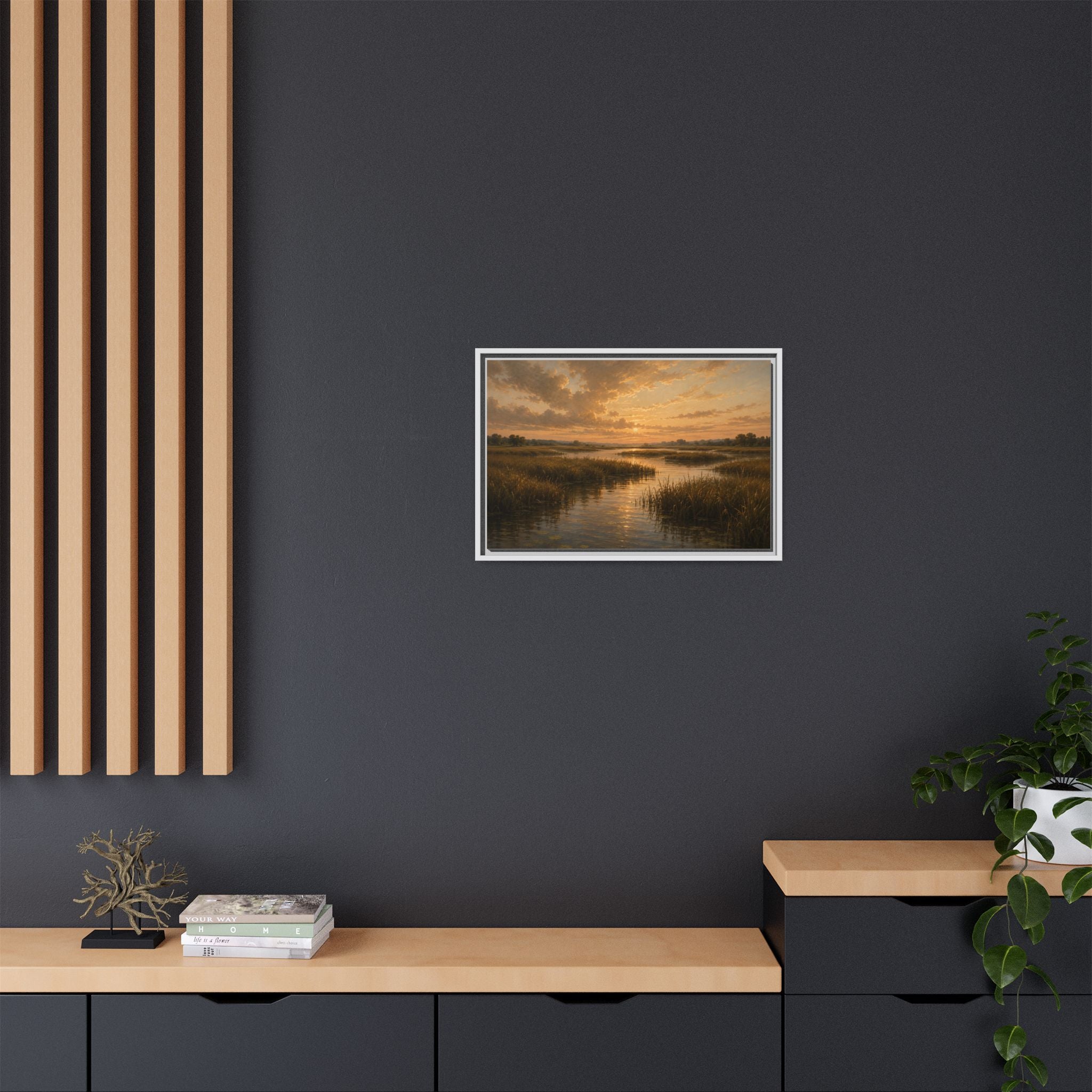 Framed Matte Canvas – Golden Marsh Sunset Landscape Wall Art