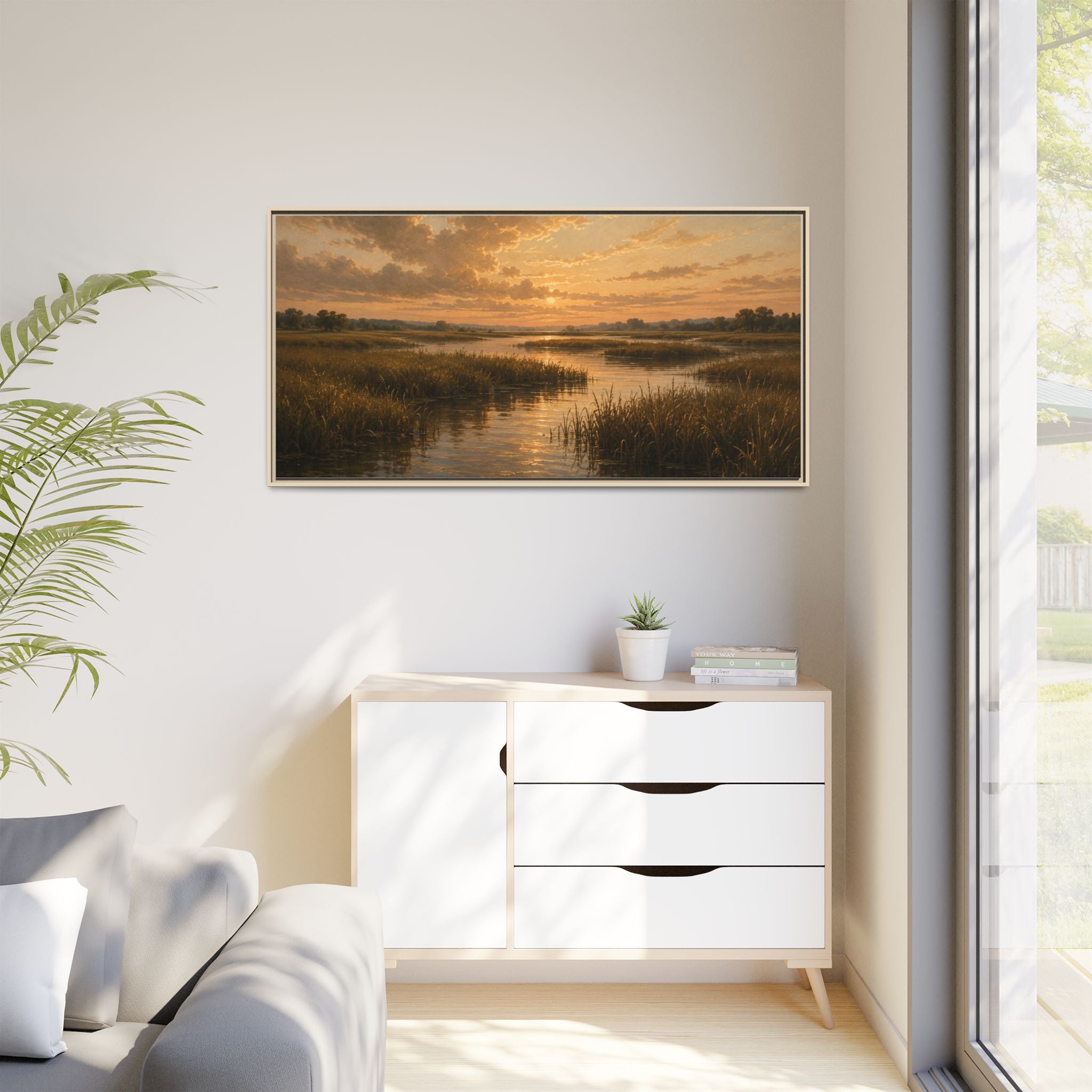 Framed Matte Canvas – Golden Marsh Sunset Landscape Wall Art