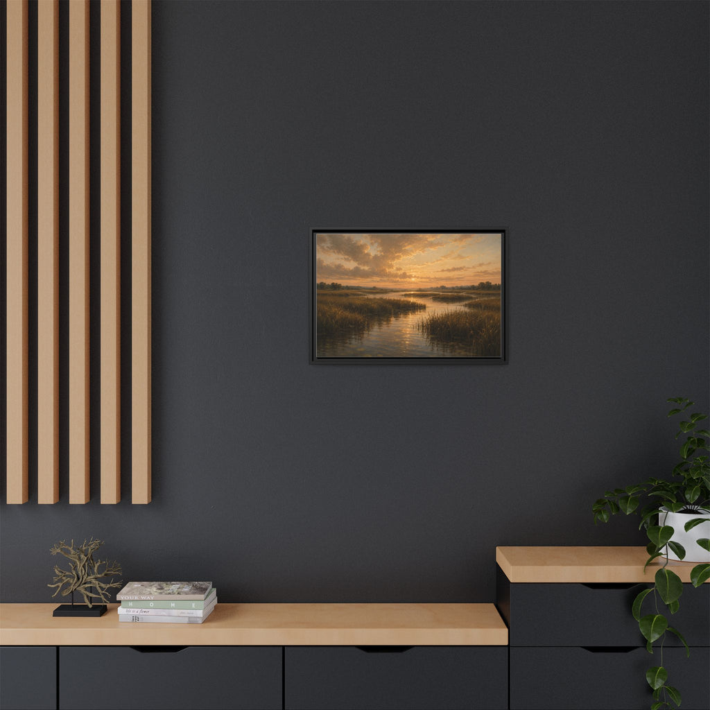 Framed Matte Canvas – Golden Marsh Sunset Landscape Wall Art