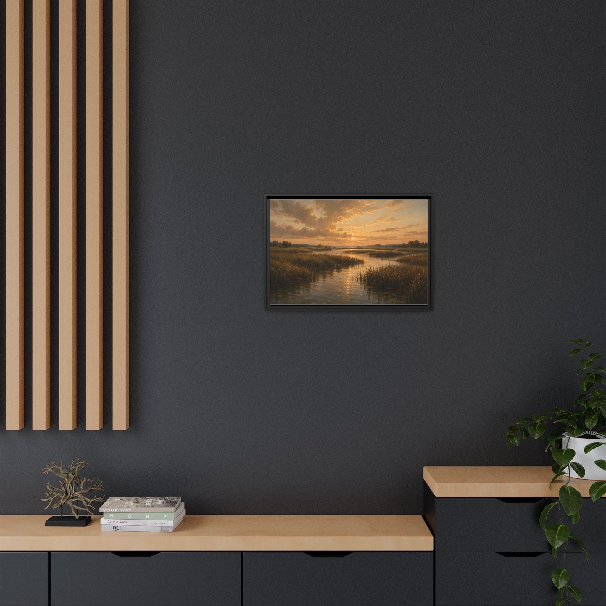Framed Matte Canvas – Golden Marsh Sunset Landscape Wall Art