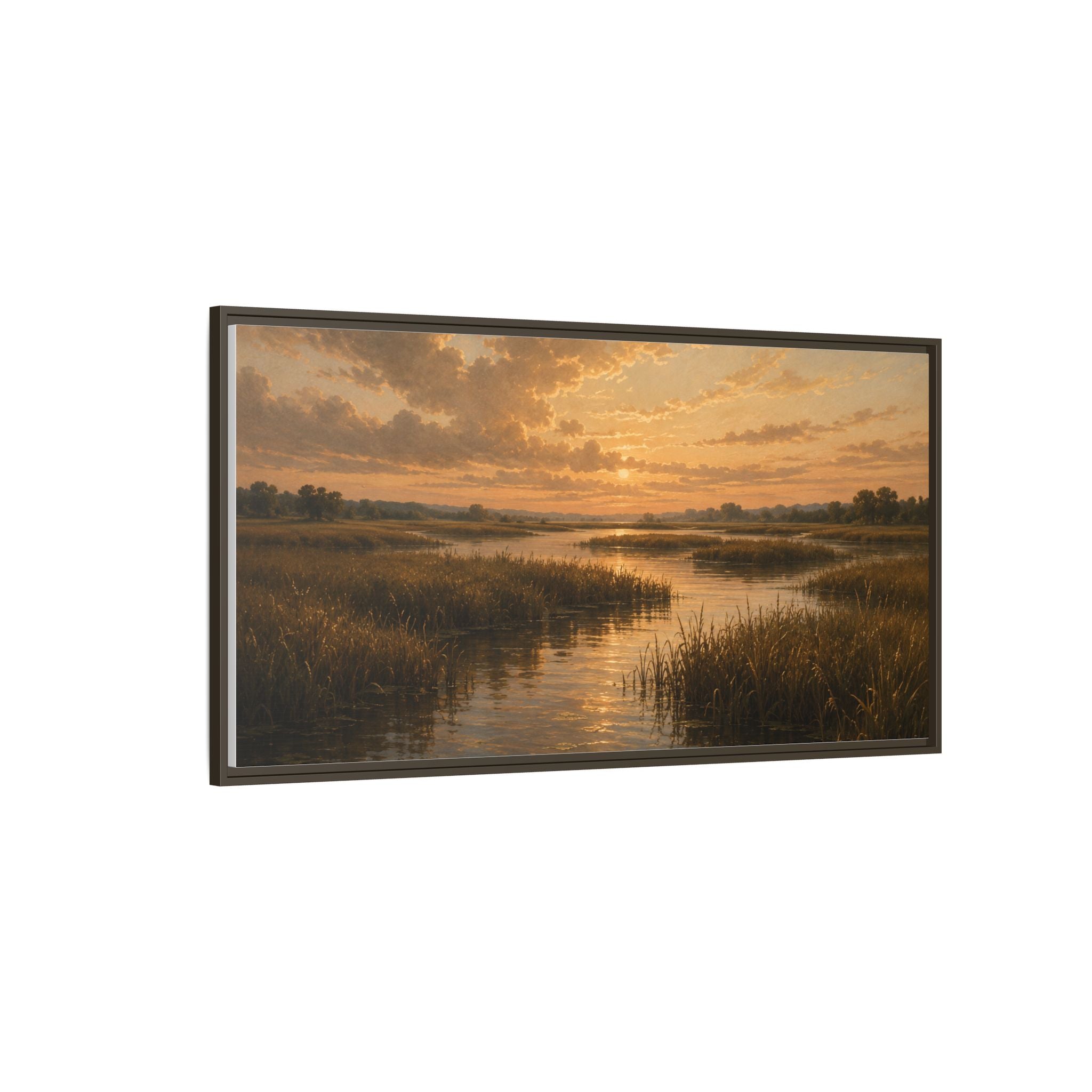 Framed Matte Canvas – Golden Marsh Sunset Landscape Wall Art