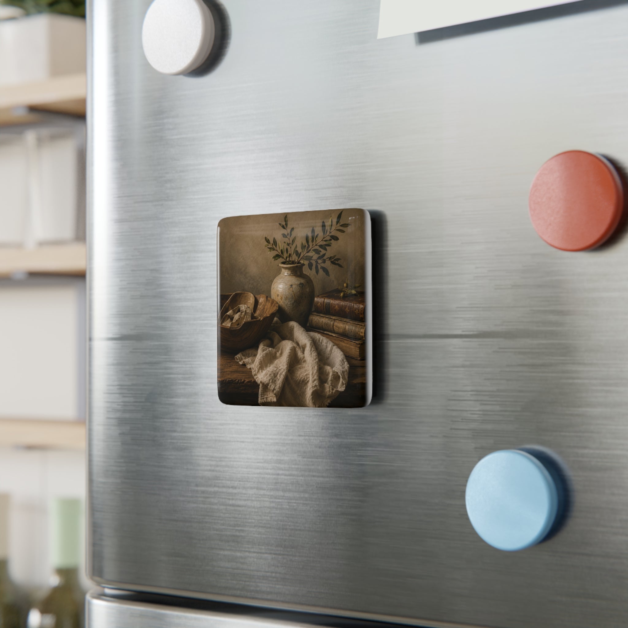 Vintage Still Life Porcelain Magnet — Rustic Vase & Books Square Fridge Magnet