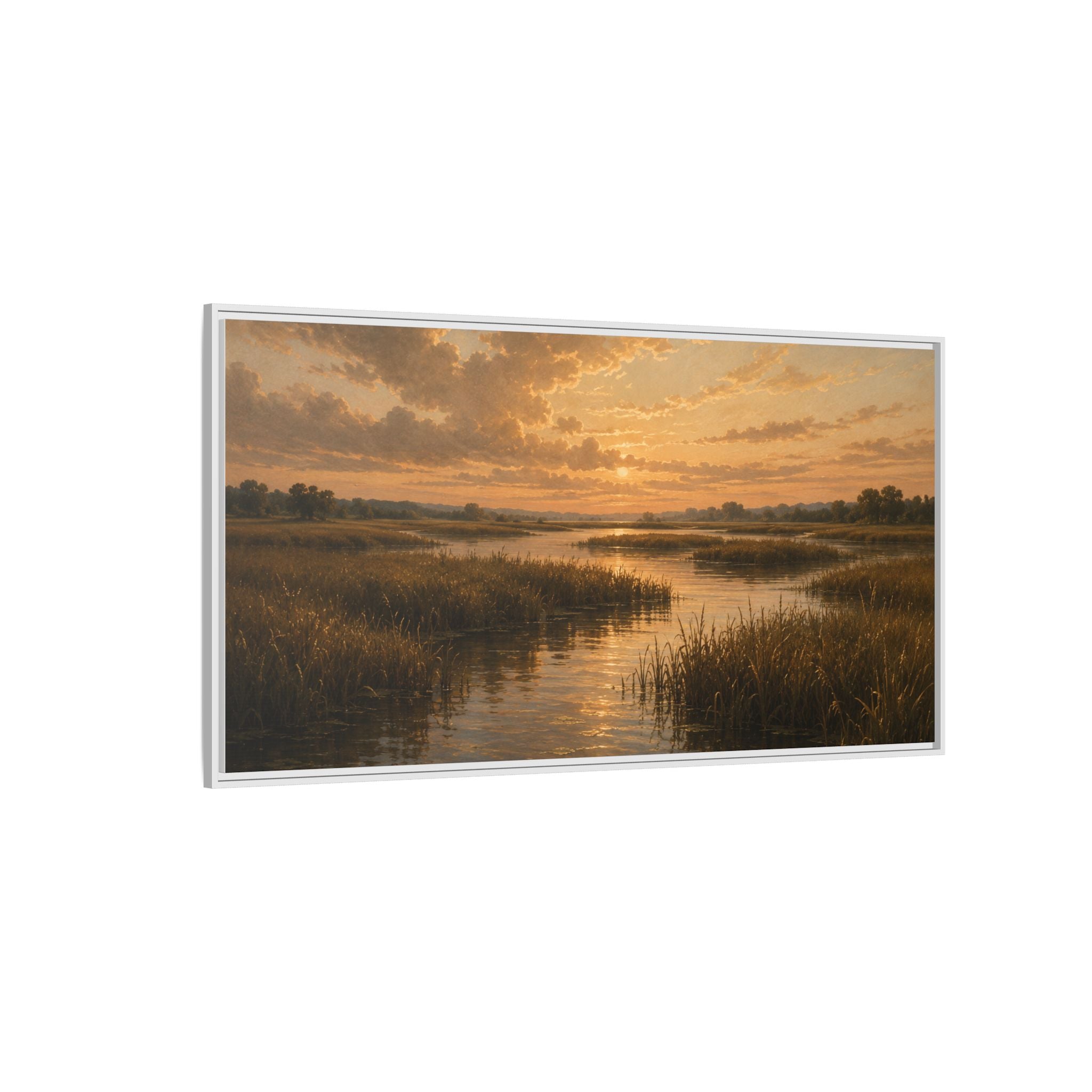 Framed Matte Canvas – Golden Marsh Sunset Landscape Wall Art