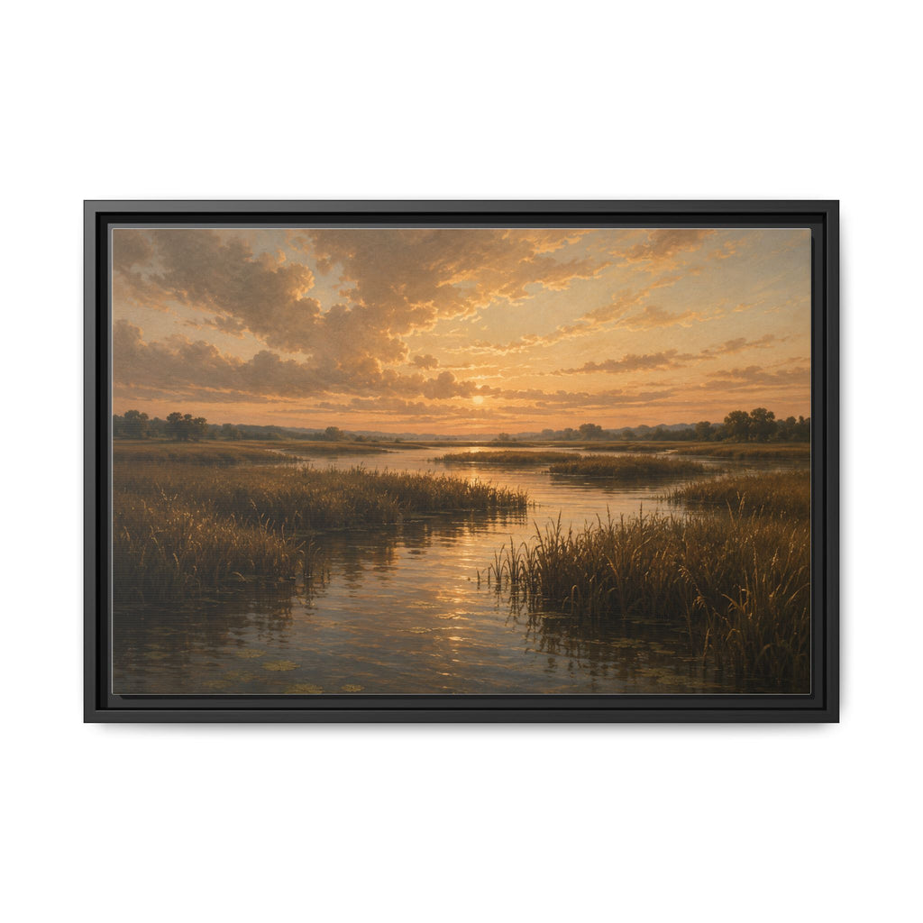 Framed Matte Canvas – Golden Marsh Sunset Landscape Wall Art
