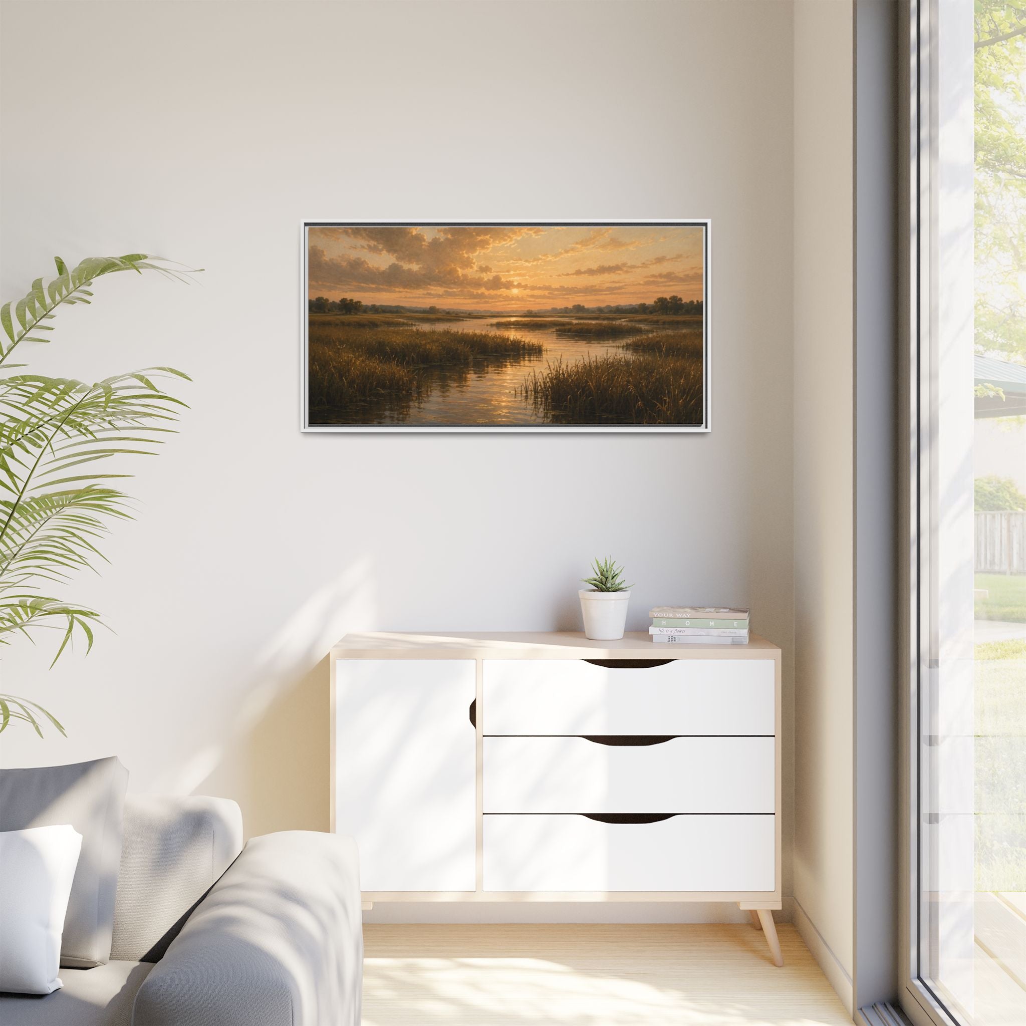 Framed Matte Canvas – Golden Marsh Sunset Landscape Wall Art