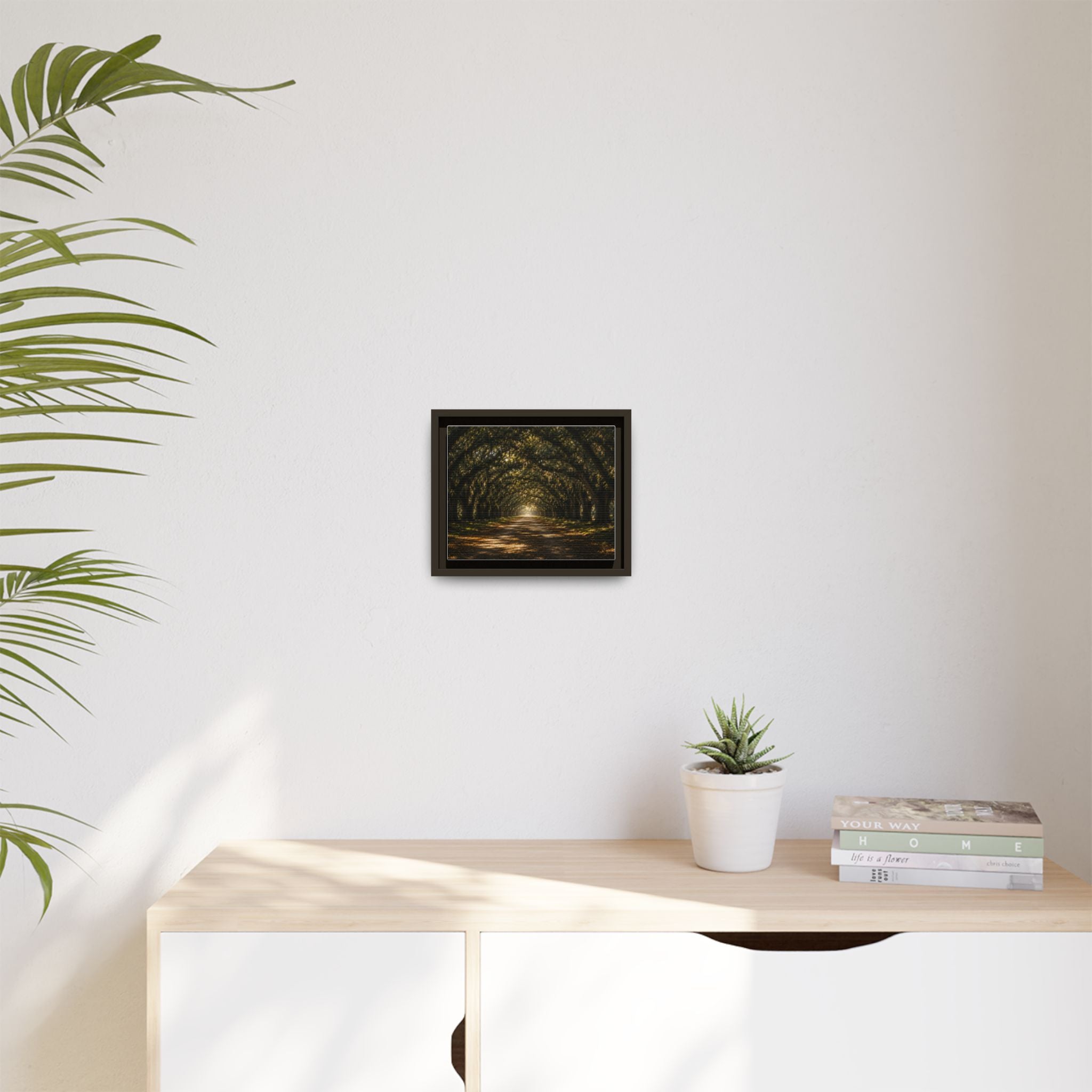 Sunlit Oak Tunnel Matte Canvas Framed Wall Art