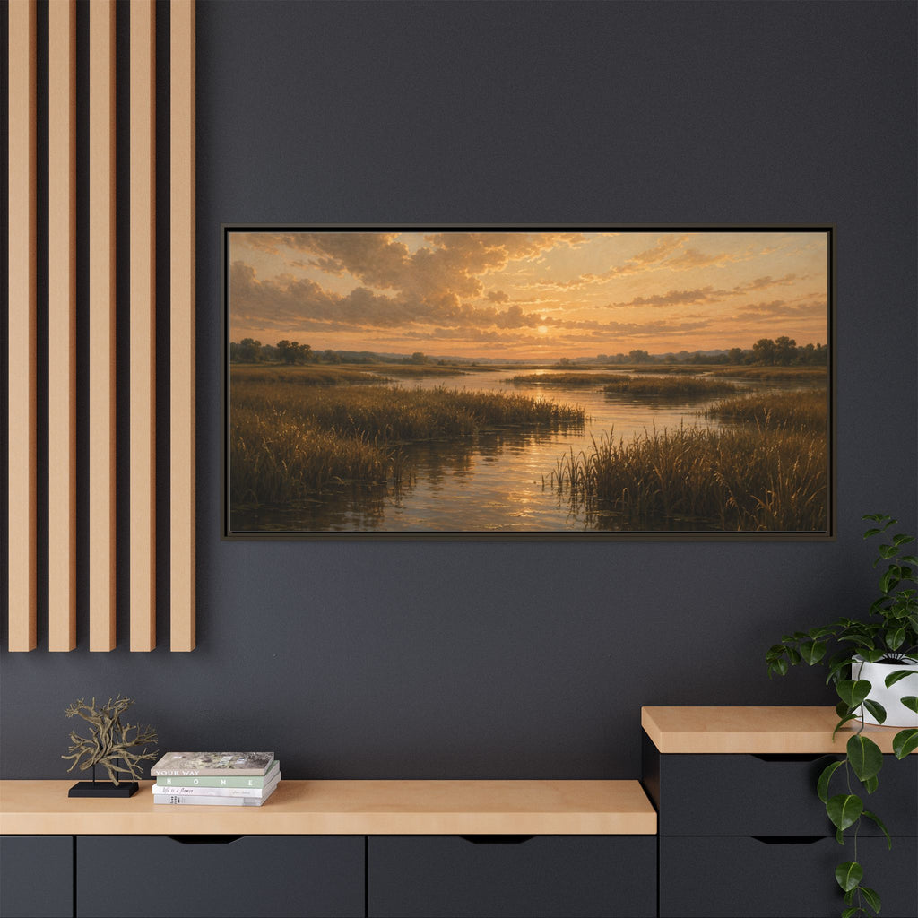 Framed Matte Canvas – Golden Marsh Sunset Landscape Wall Art