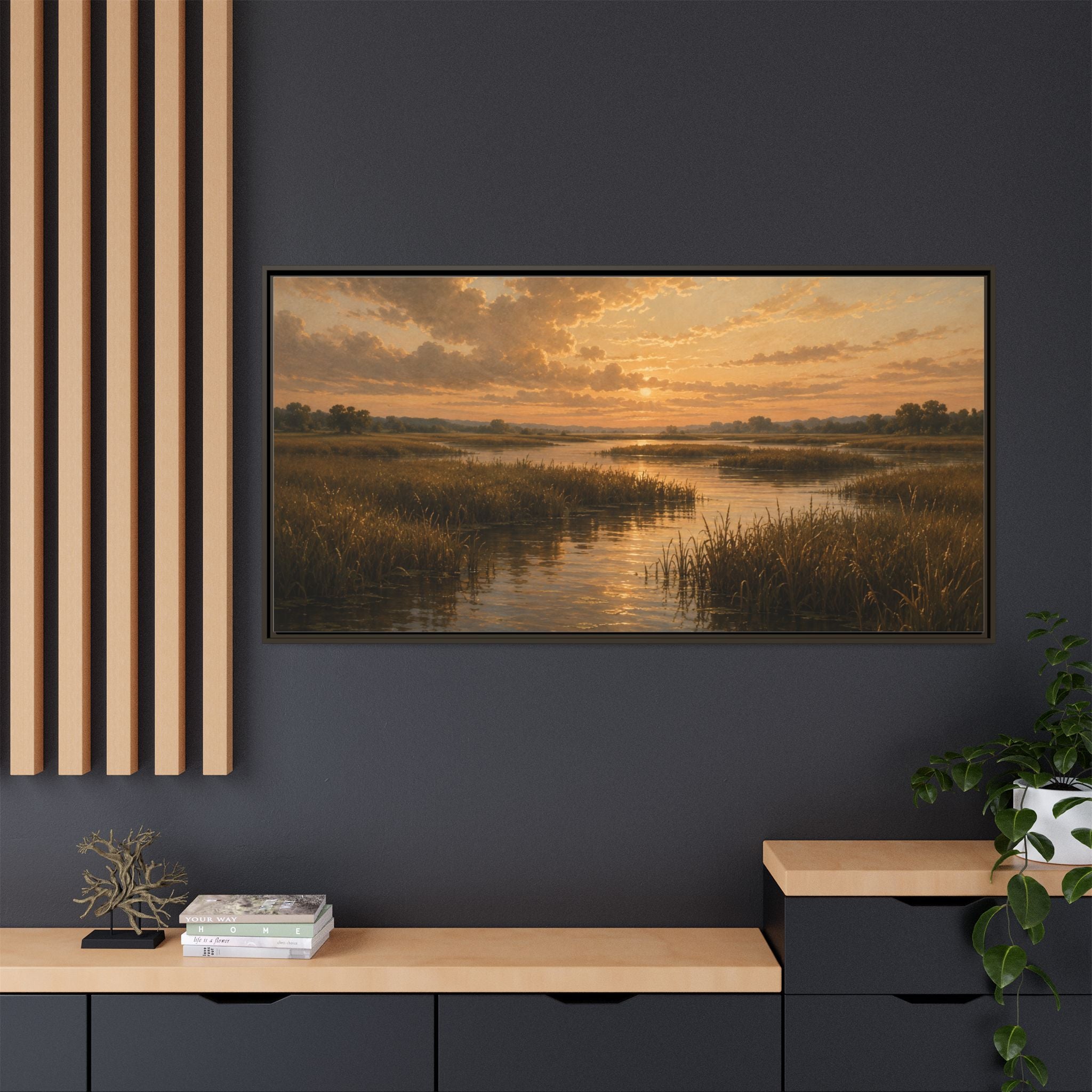 Framed Matte Canvas – Golden Marsh Sunset Landscape Wall Art