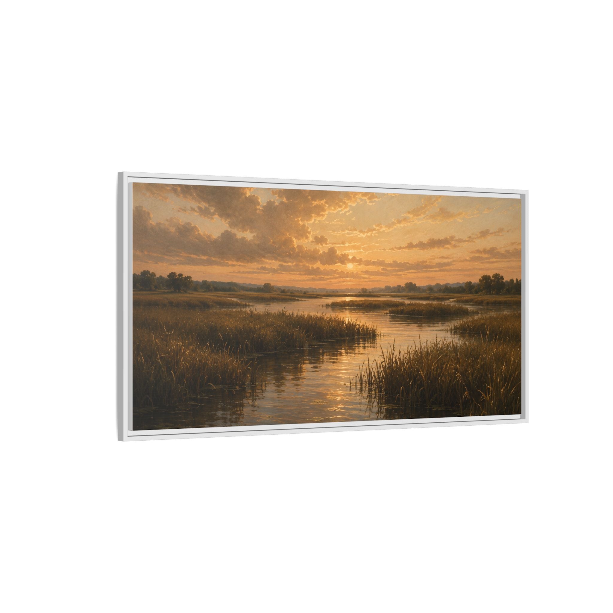 Framed Matte Canvas – Golden Marsh Sunset Landscape Wall Art