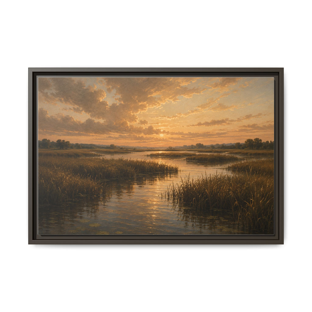 Framed Matte Canvas – Golden Marsh Sunset Landscape Wall Art