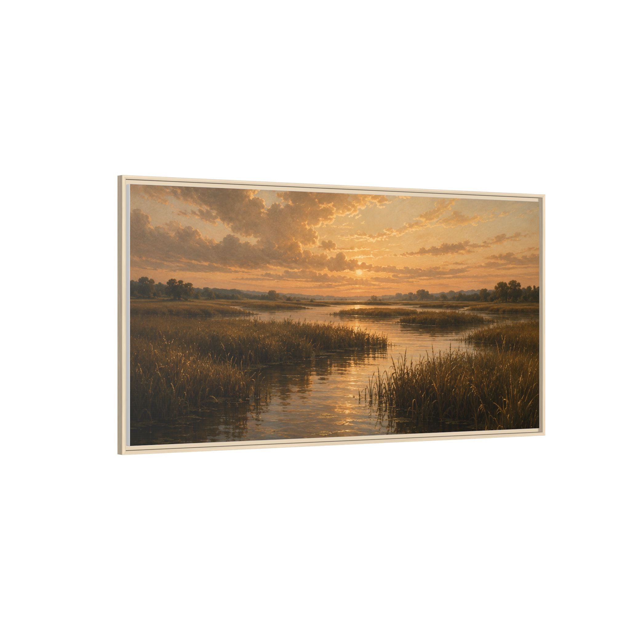 Framed Matte Canvas – Golden Marsh Sunset Landscape Wall Art