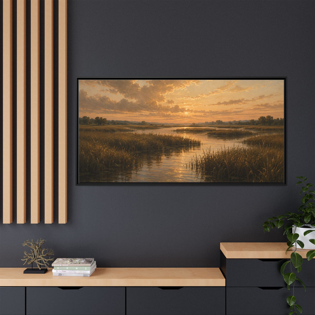 Framed Matte Canvas – Golden Marsh Sunset Landscape Wall Art