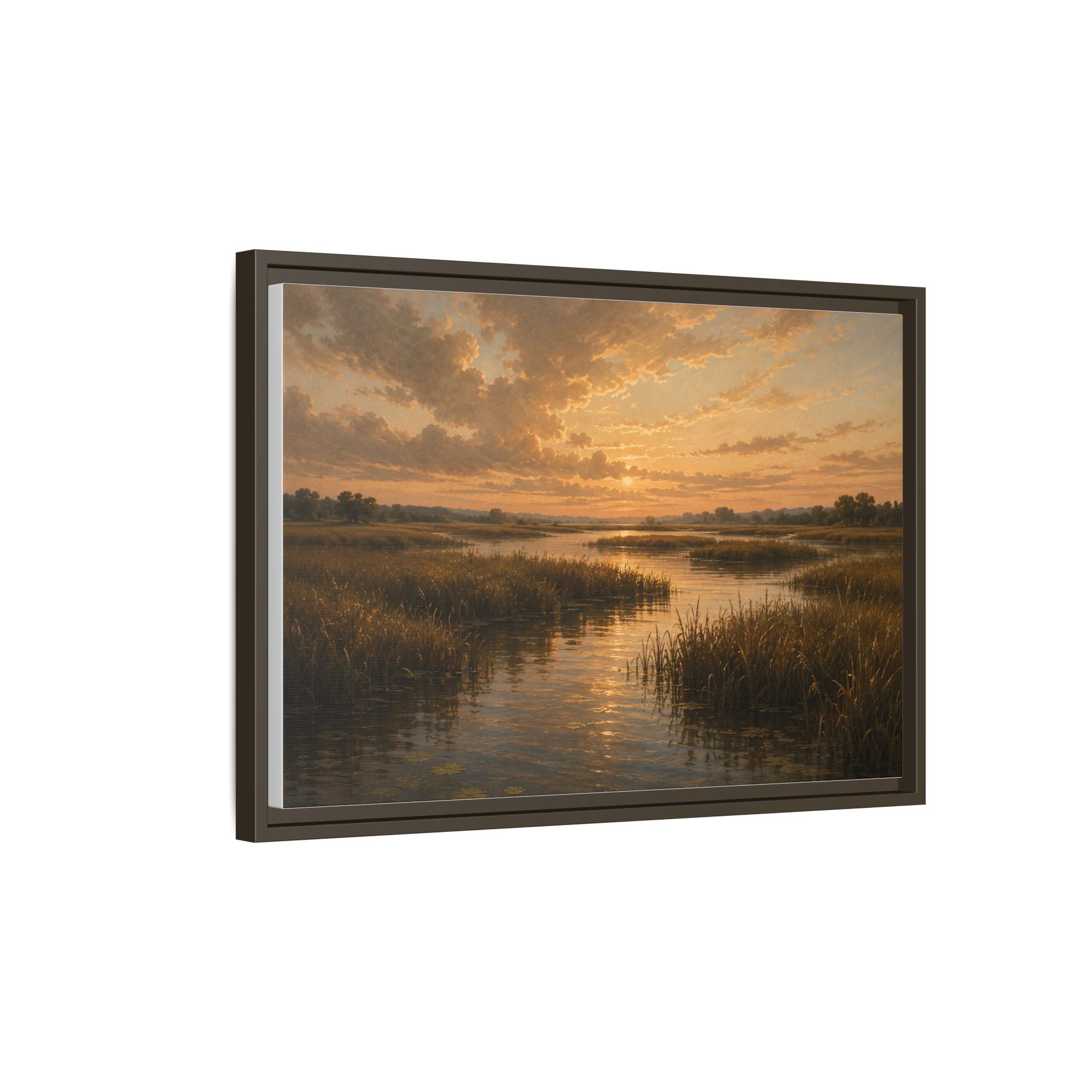 Framed Matte Canvas – Golden Marsh Sunset Landscape Wall Art