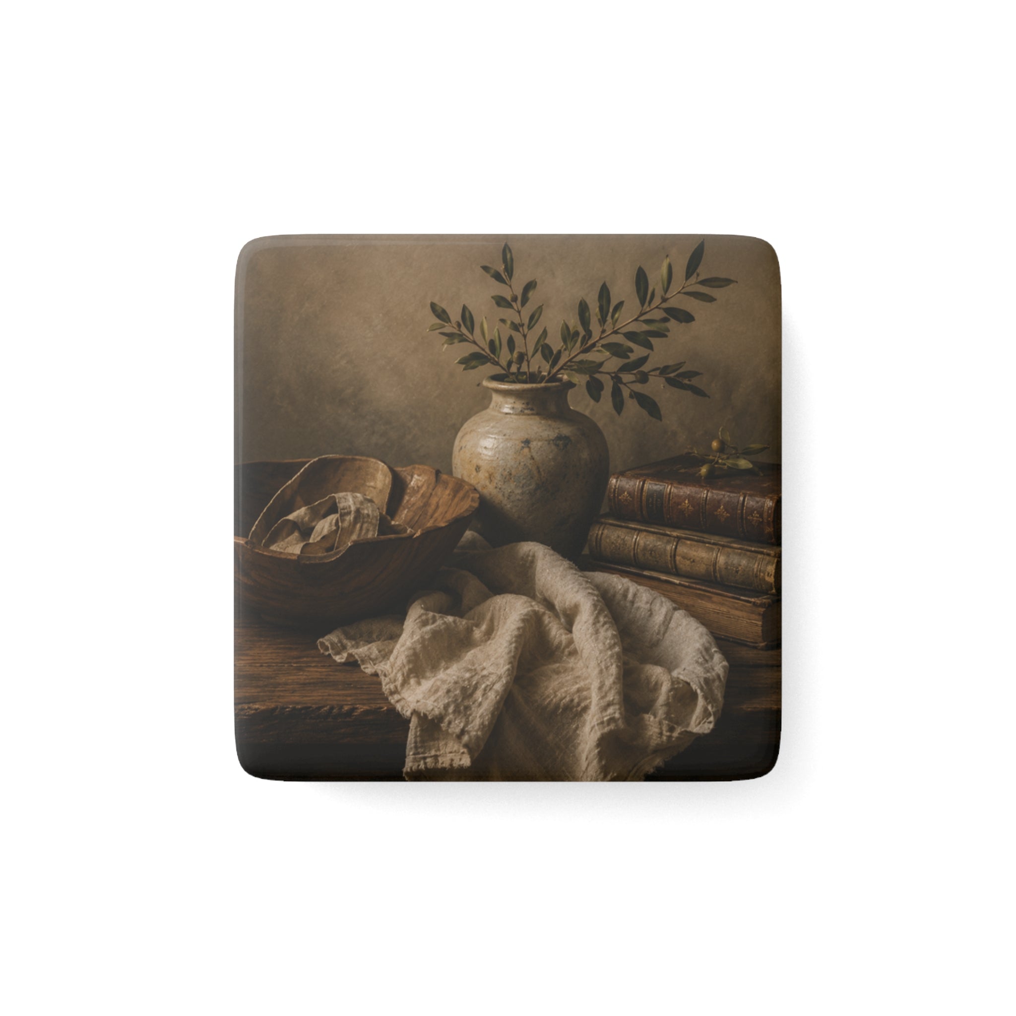 Vintage Still Life Porcelain Magnet — Rustic Vase & Books Square Fridge Magnet