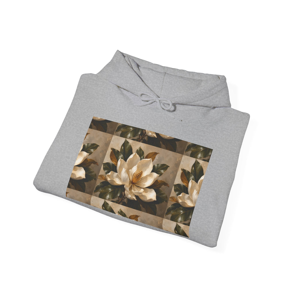 Floral Magnolia Patch Hoodie — Vintage Botanical Print Sweatshirt