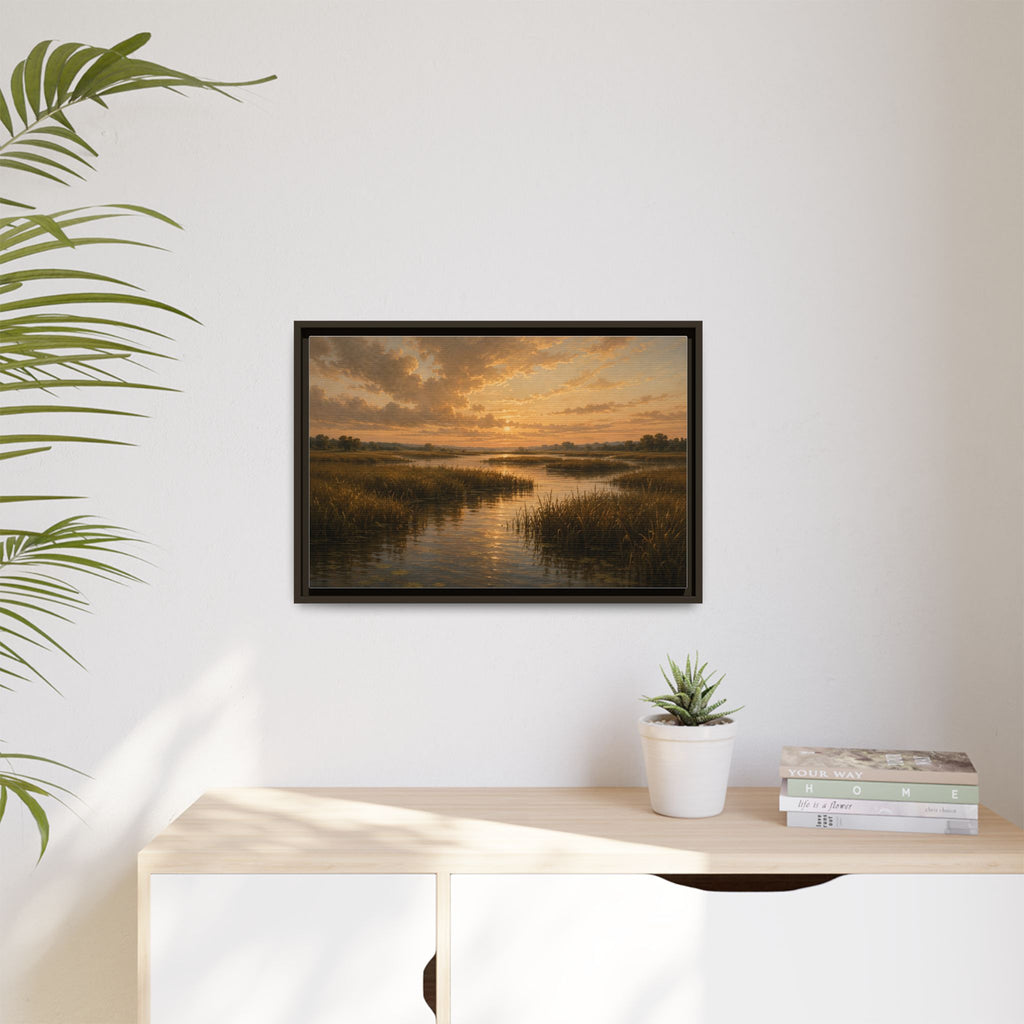 Framed Matte Canvas – Golden Marsh Sunset Landscape Wall Art
