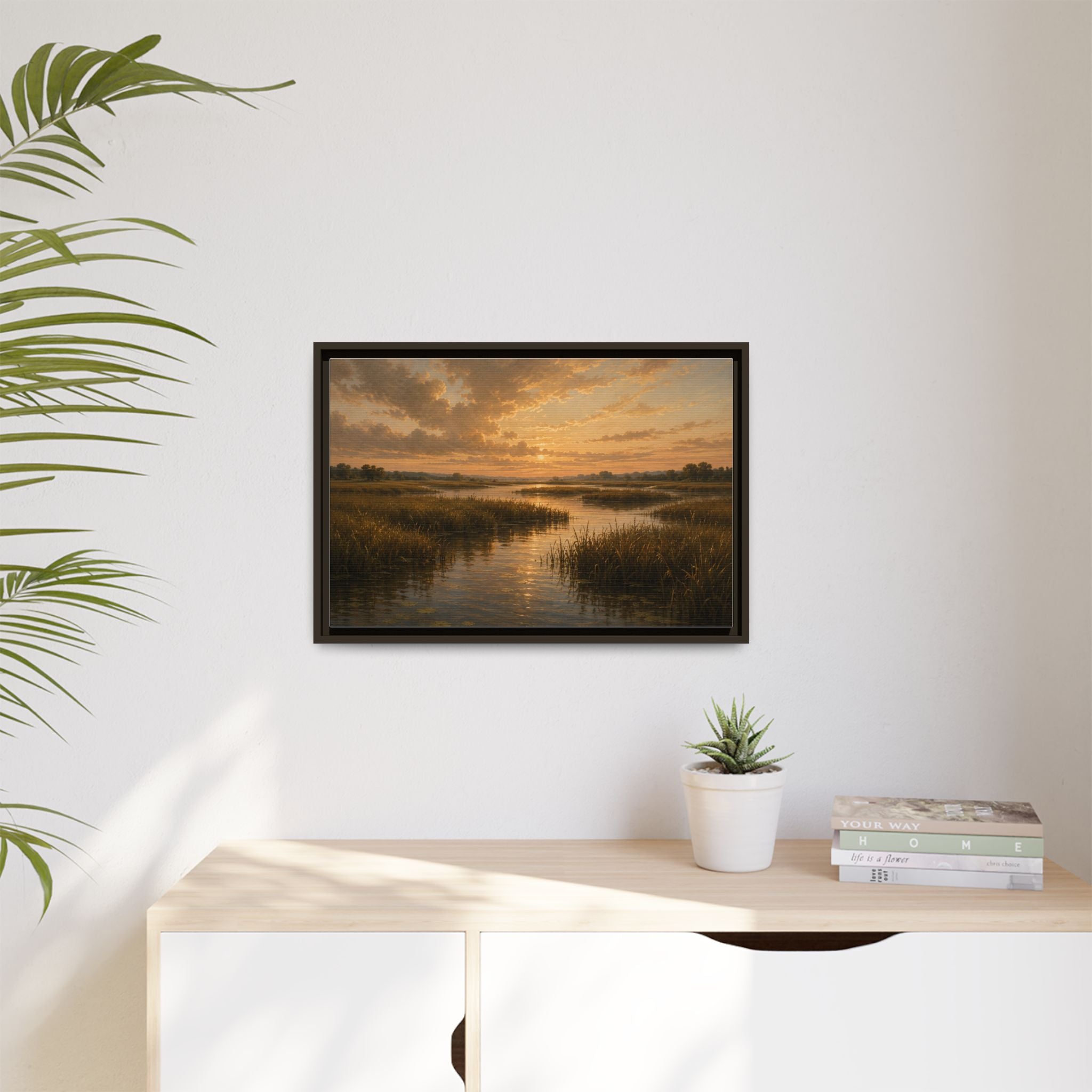 Framed Matte Canvas – Golden Marsh Sunset Landscape Wall Art