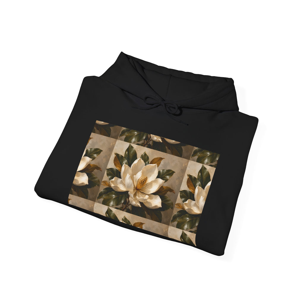 Floral Magnolia Patch Hoodie — Vintage Botanical Print Sweatshirt