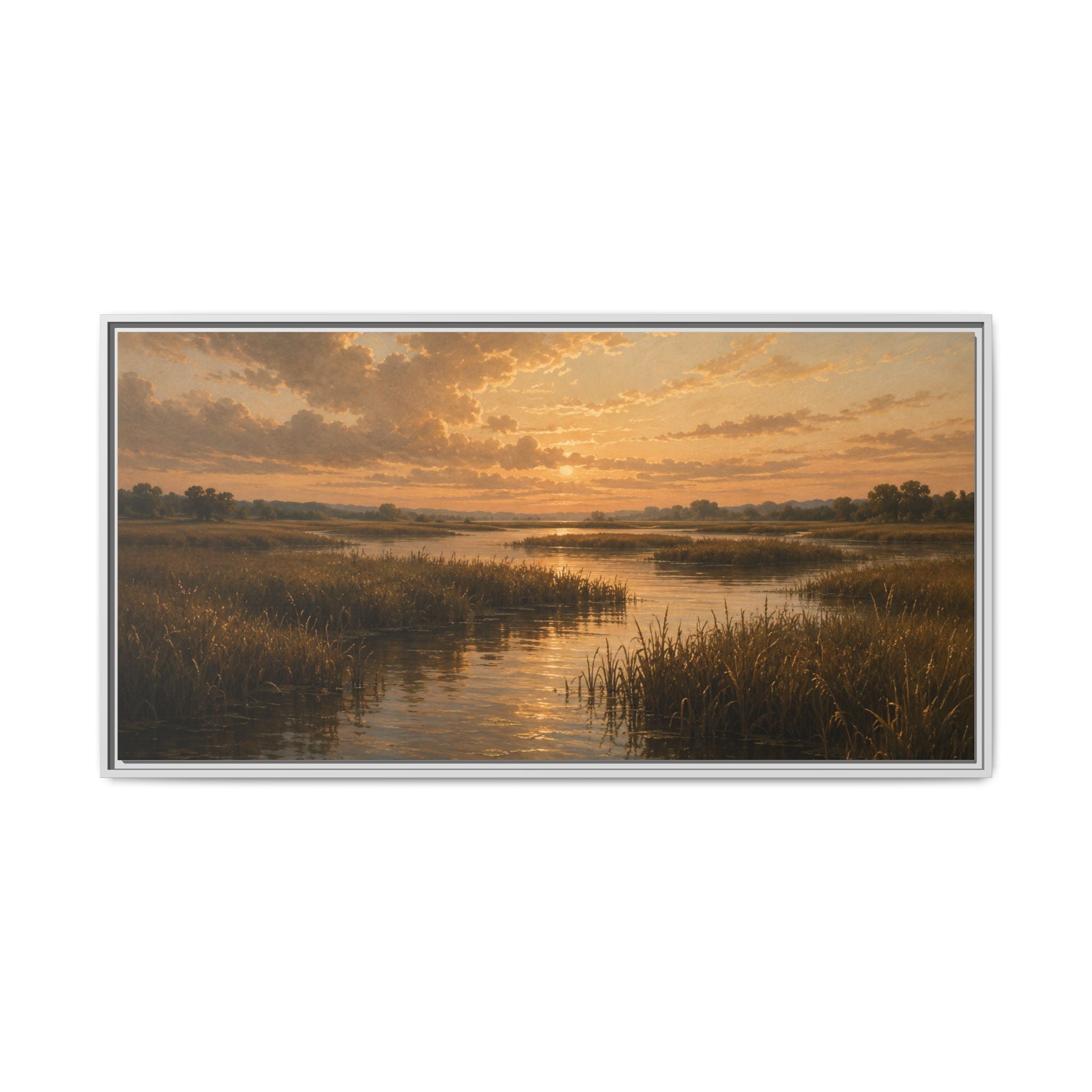 Framed Matte Canvas – Golden Marsh Sunset Landscape Wall Art