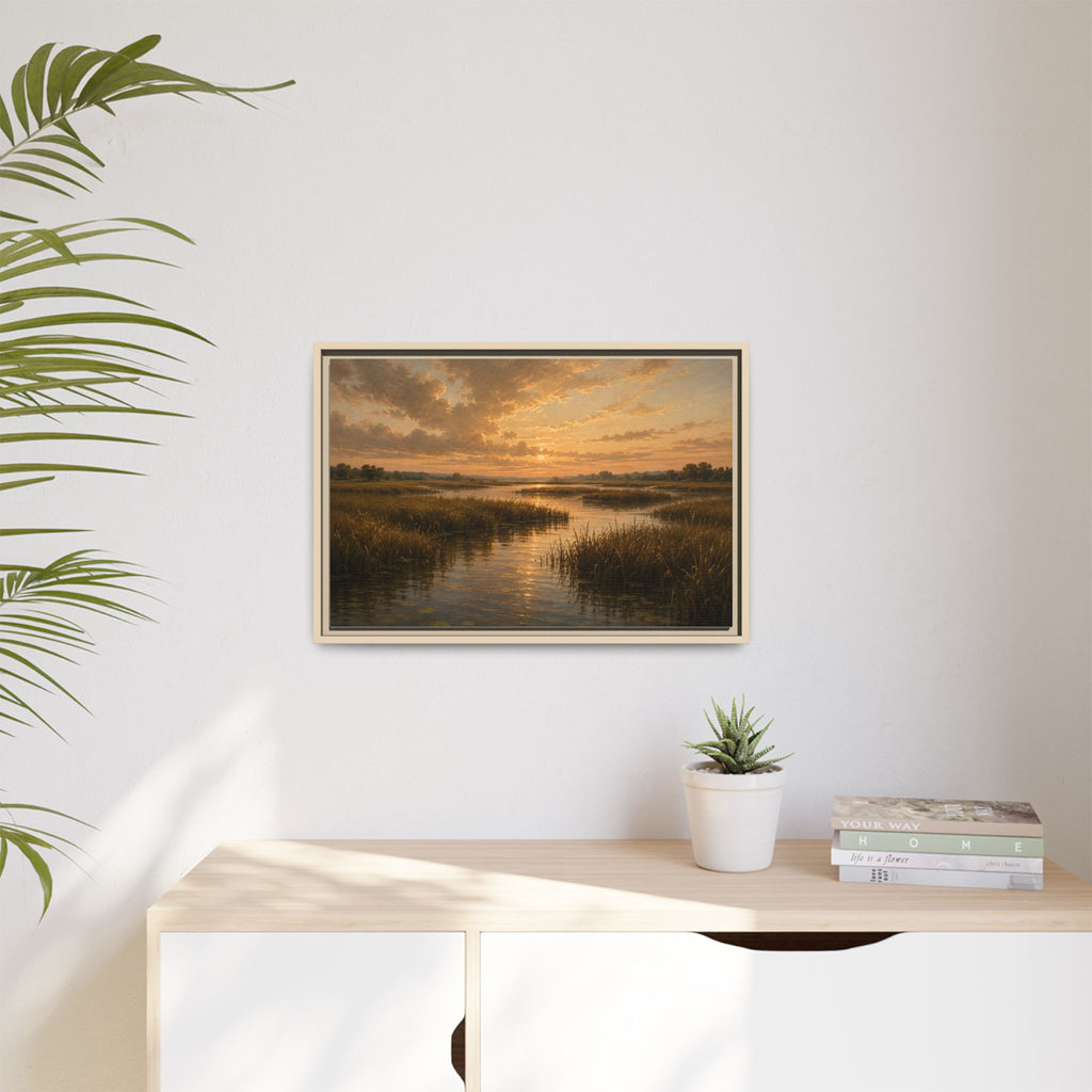 Framed Matte Canvas – Golden Marsh Sunset Landscape Wall Art