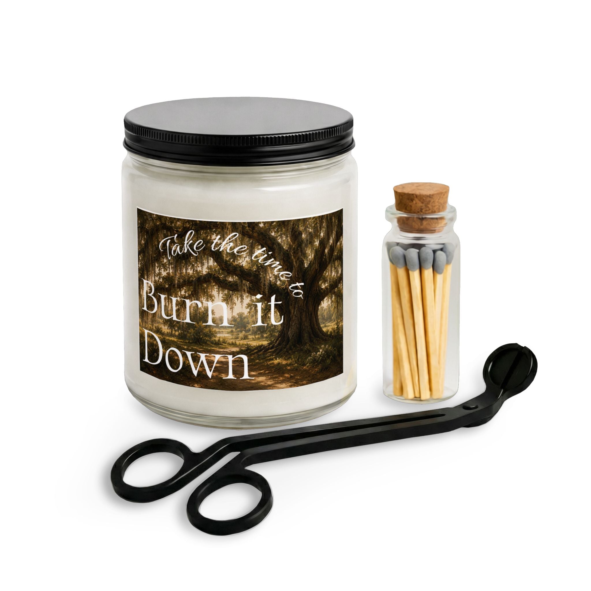 Scented Candle Set — “Take the Time to Burn It Down” with Matches & Wick Trimmer