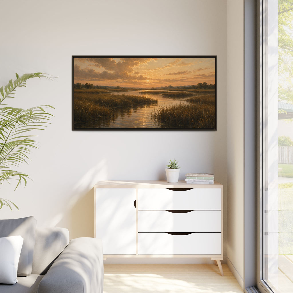 Framed Matte Canvas – Golden Marsh Sunset Landscape Wall Art