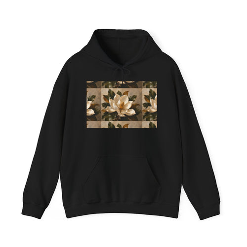 Floral Magnolia Patch Hoodie — Vintage Botanical Print Sweatshirt