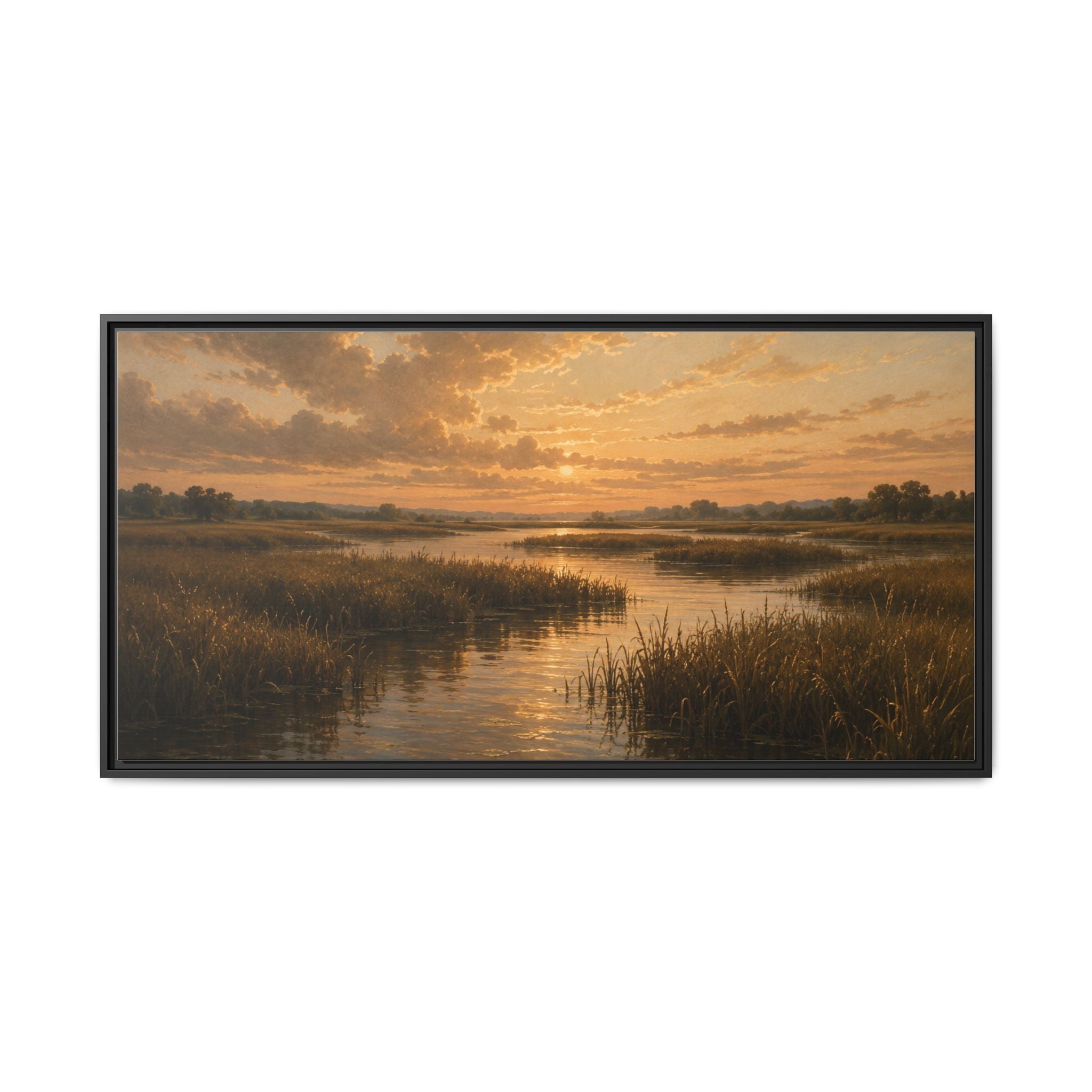 Framed Matte Canvas – Golden Marsh Sunset Landscape Wall Art