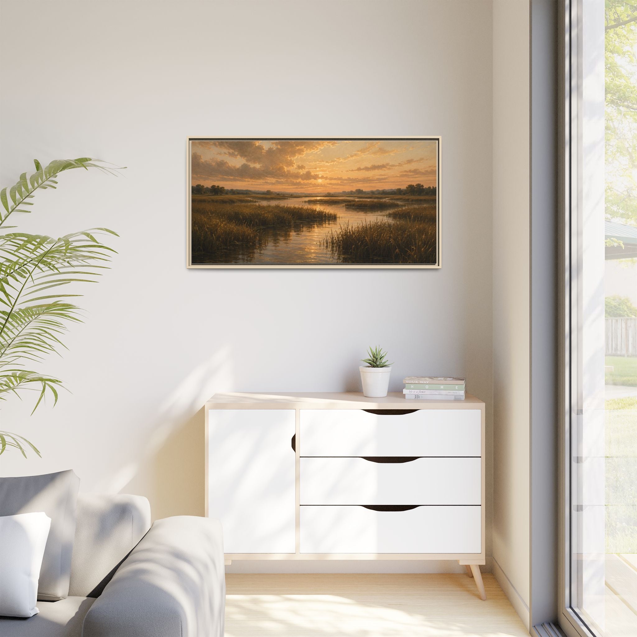 Framed Matte Canvas – Golden Marsh Sunset Landscape Wall Art