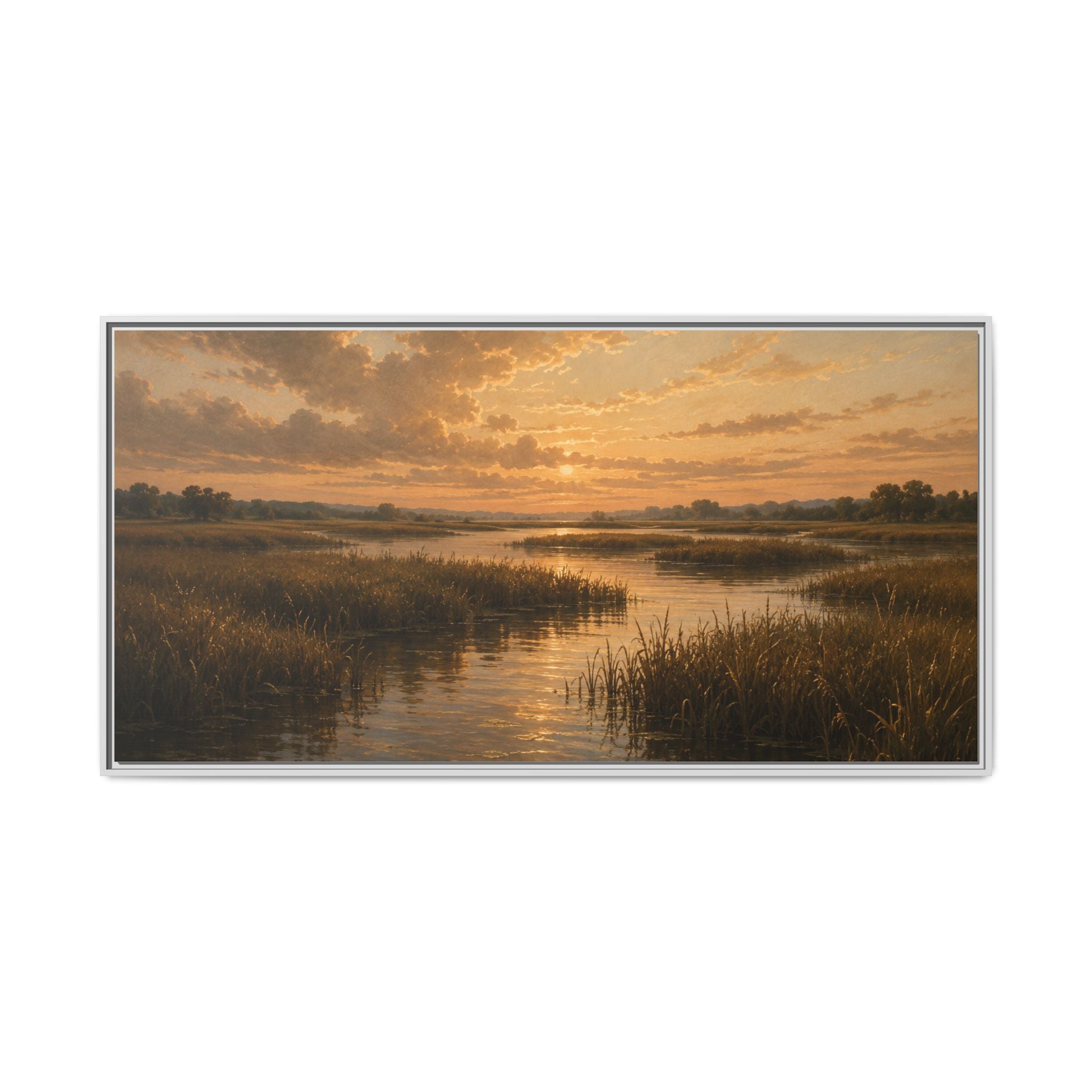 Framed Matte Canvas – Golden Marsh Sunset Landscape Wall Art