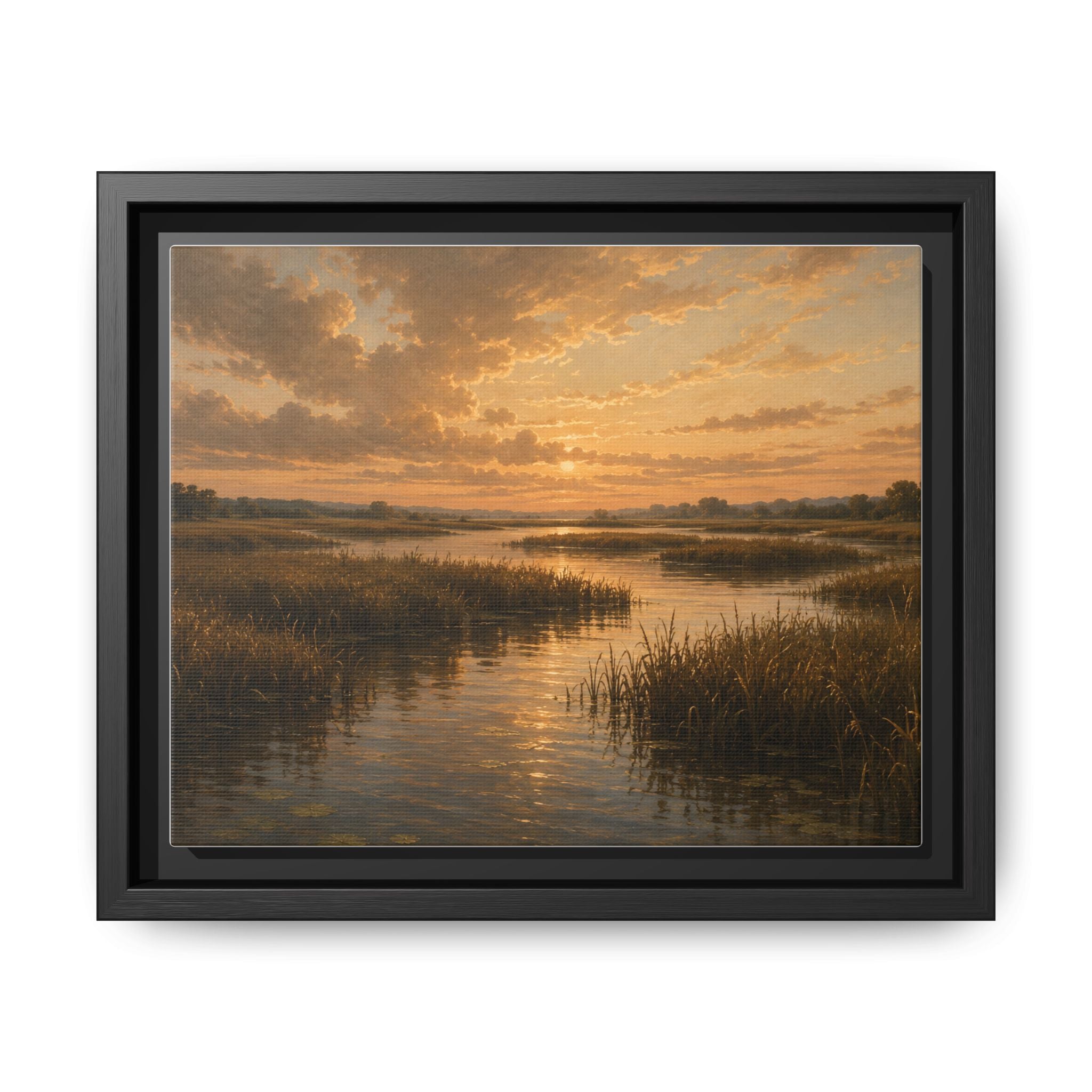 Framed Matte Canvas – Golden Marsh Sunset Landscape Wall Art
