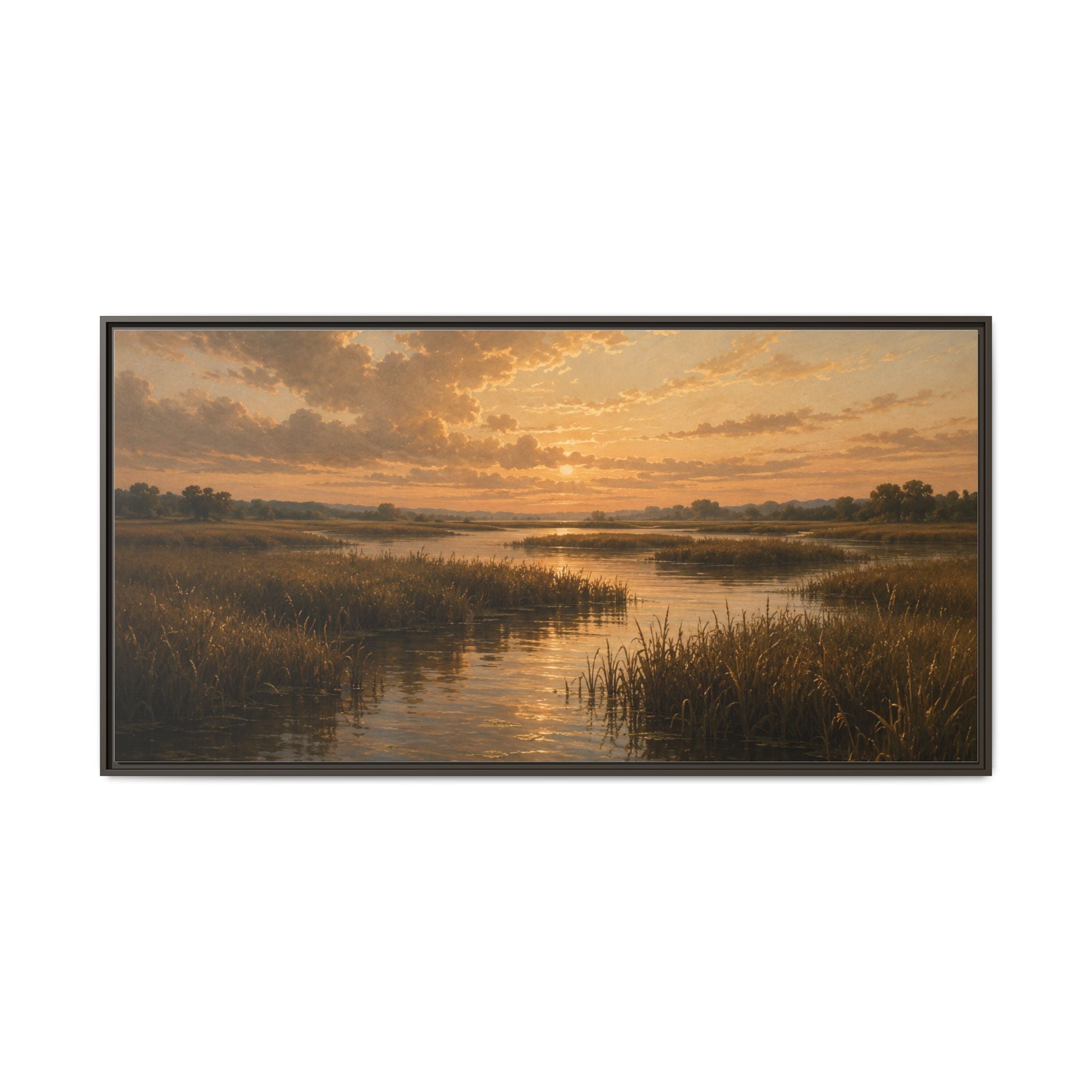 Framed Matte Canvas – Golden Marsh Sunset Landscape Wall Art