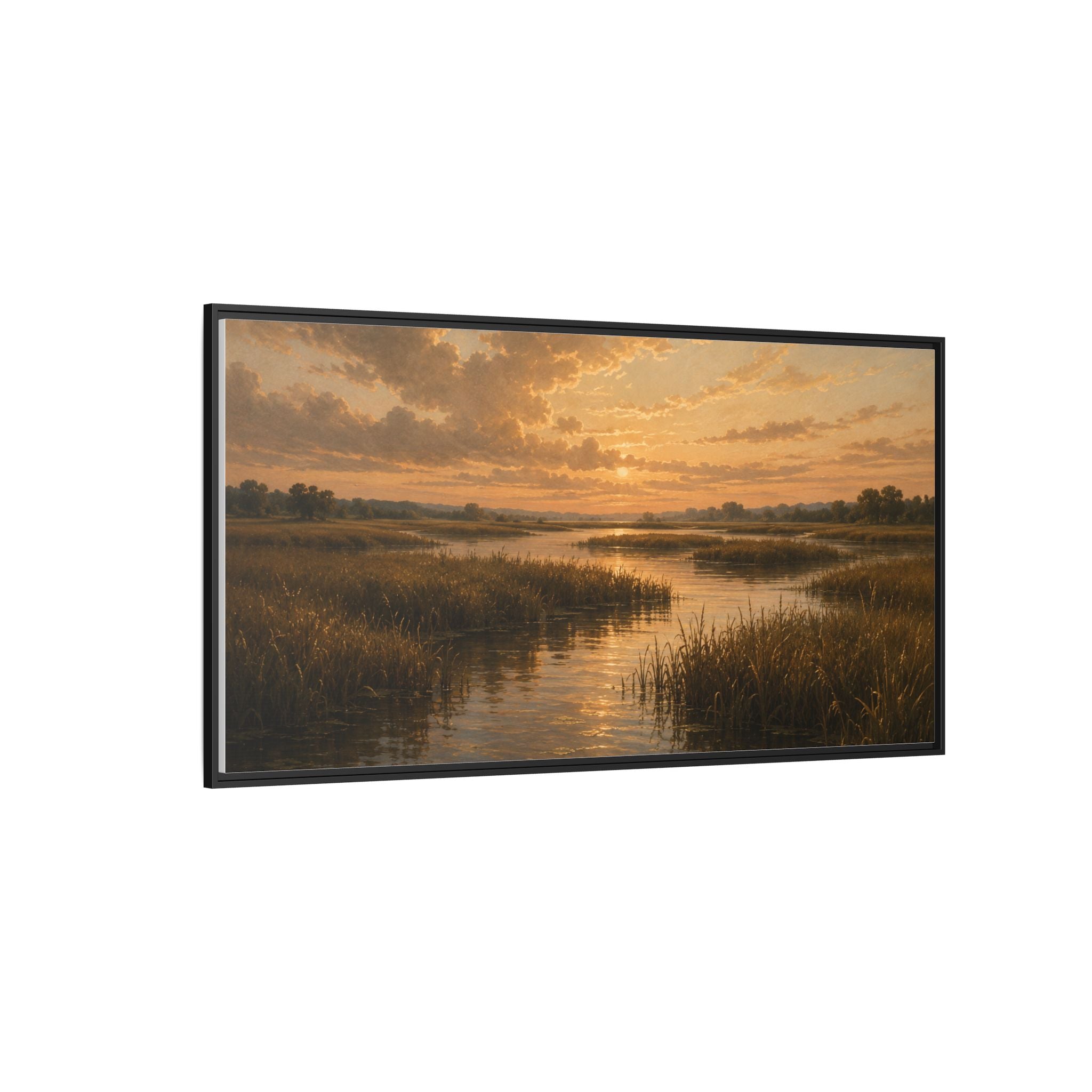 Framed Matte Canvas – Golden Marsh Sunset Landscape Wall Art