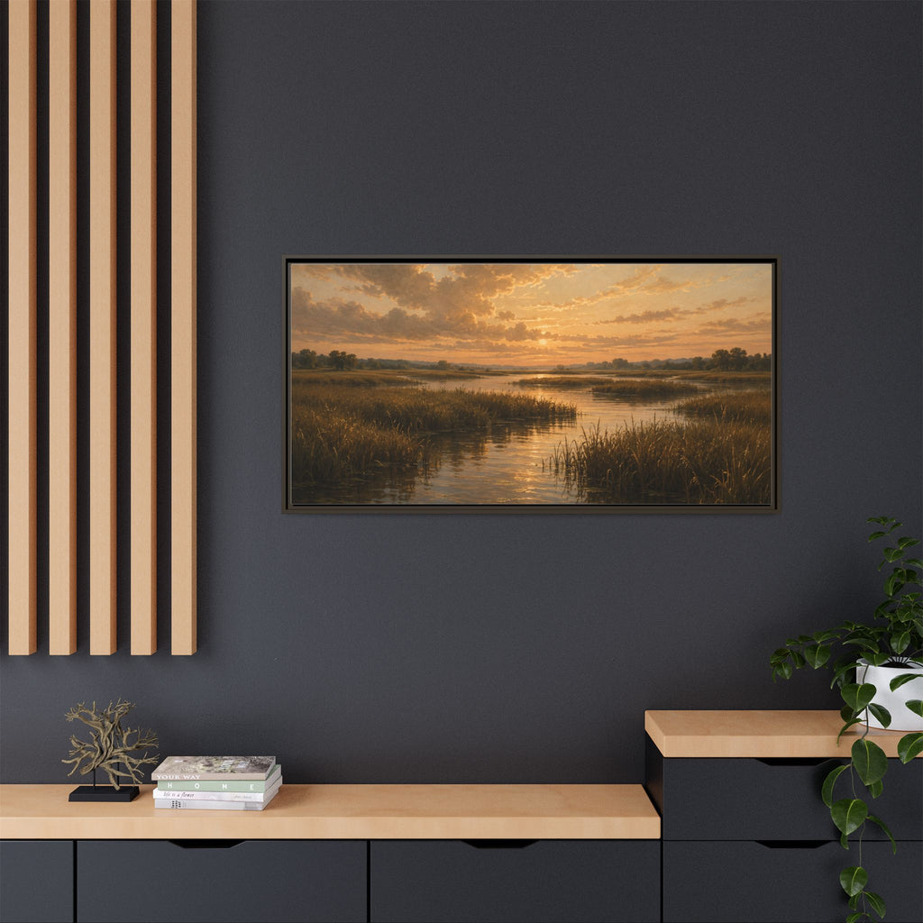 Framed Matte Canvas – Golden Marsh Sunset Landscape Wall Art