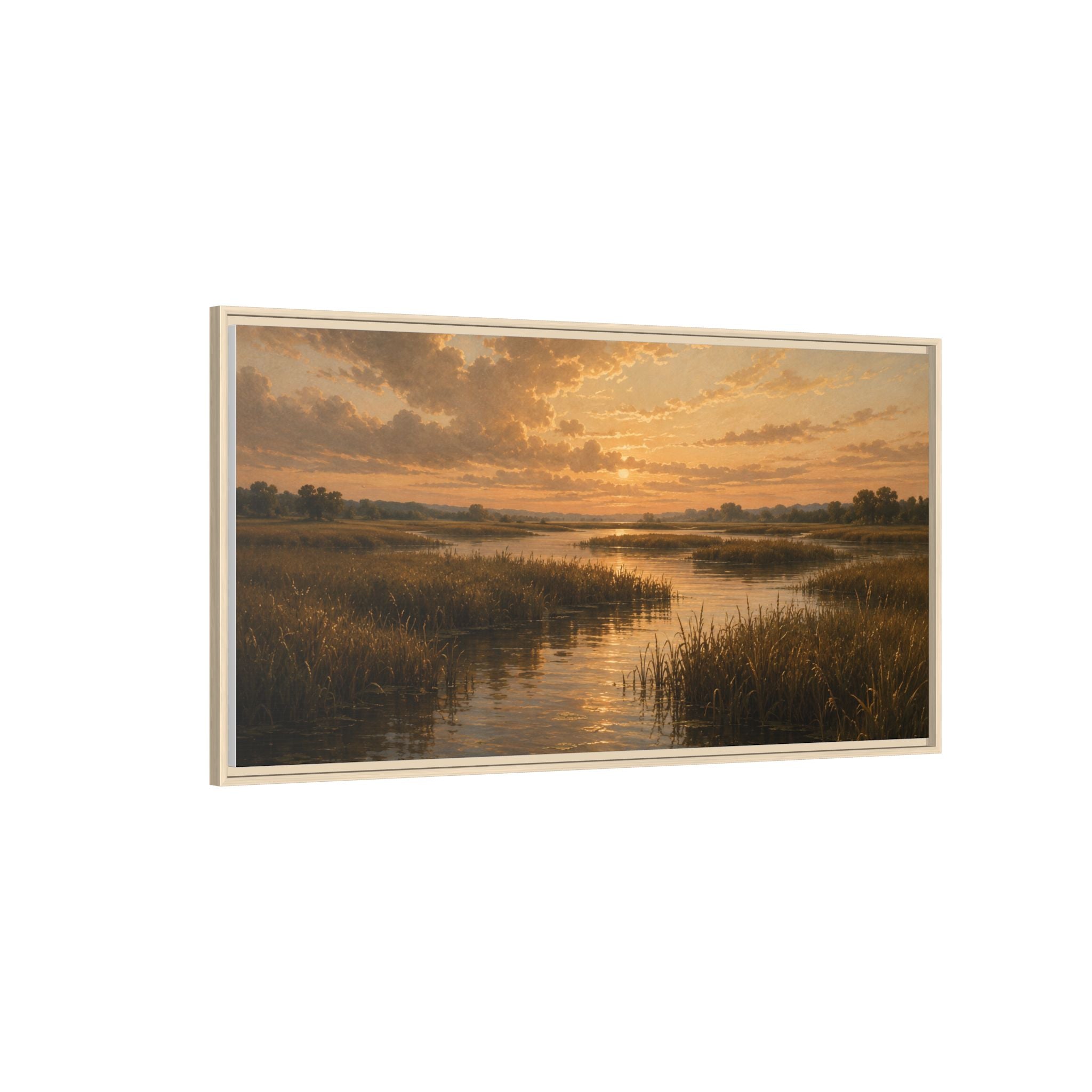 Framed Matte Canvas – Golden Marsh Sunset Landscape Wall Art