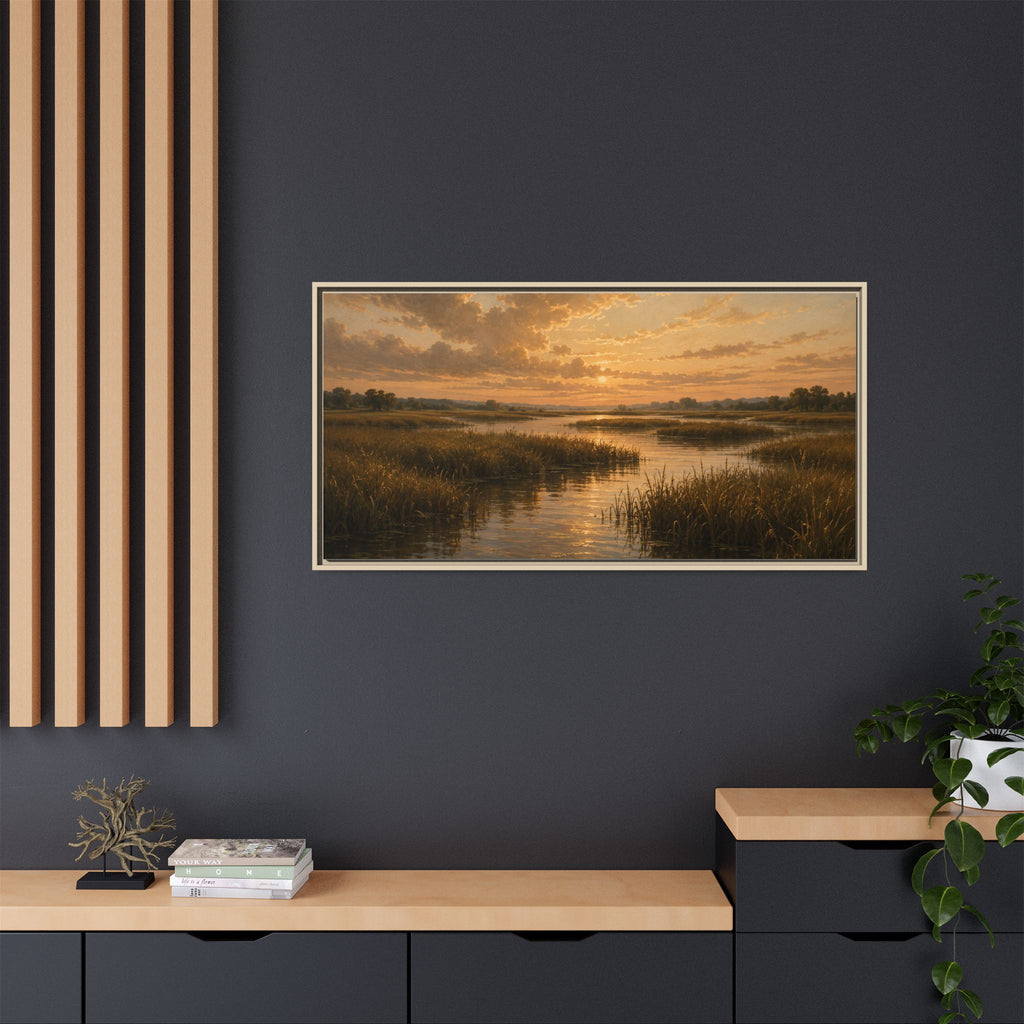 Framed Matte Canvas – Golden Marsh Sunset Landscape Wall Art