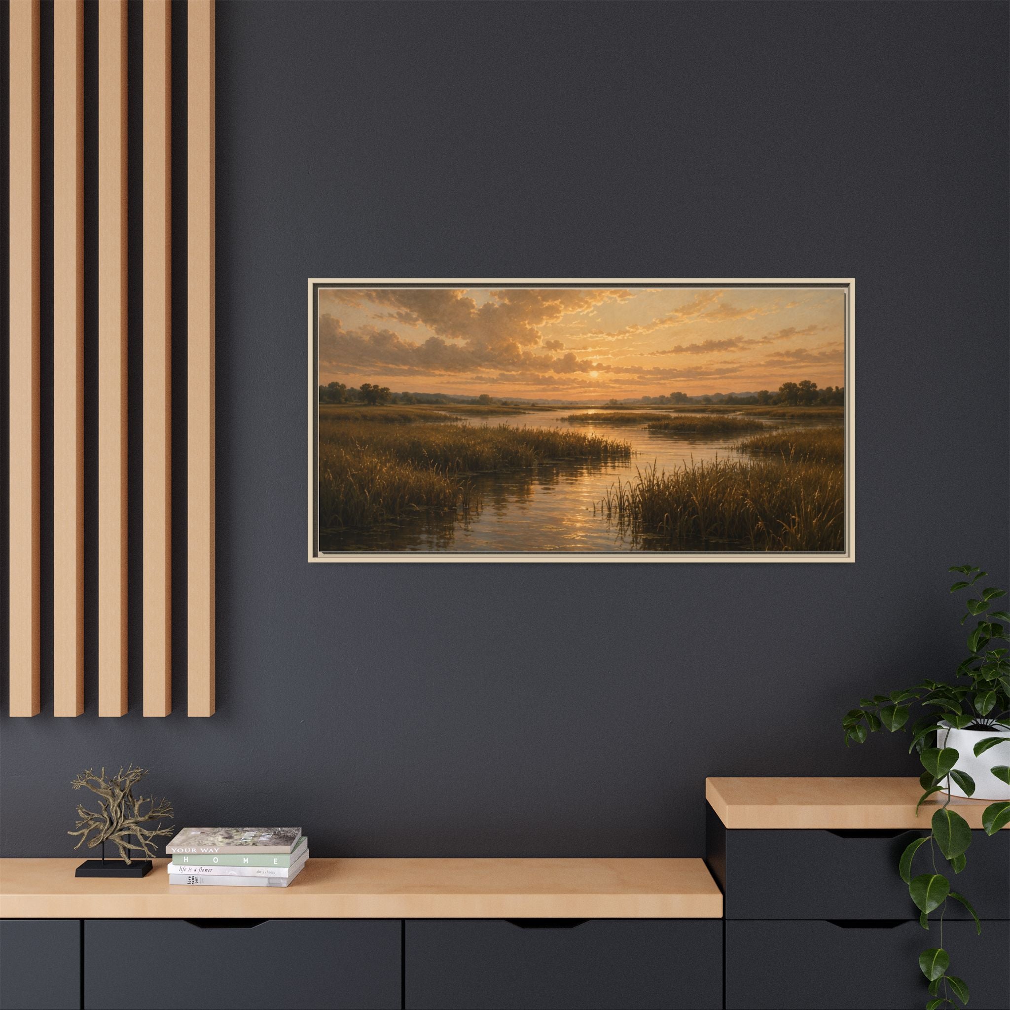 Framed Matte Canvas – Golden Marsh Sunset Landscape Wall Art