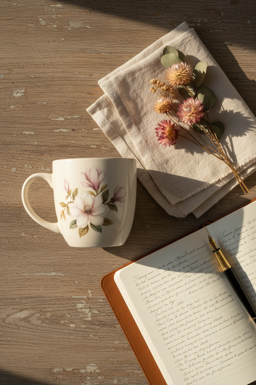 Magnolia mug styled on a wood surface with linen napkin and dried flowers, cozy morning aesthetic