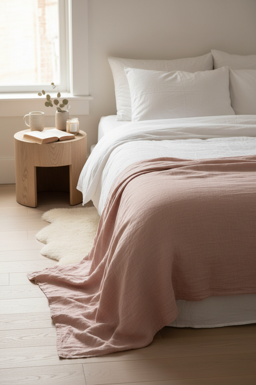 Linen throw blanket draped over white bed with ceramic mug and open book, cozy slow morning aesthetic